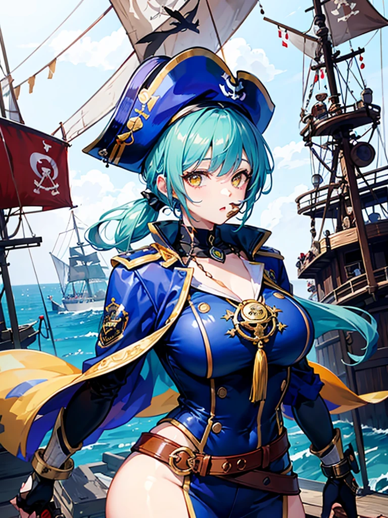 (((masterpiece、Highest image quality、highest quality、highly detailed unity 8kwallpaper)))、((Illustration of one girl、upper body))、(((beautiful girl)))、(fantasy、female pirate)、(Light light blue hair、short ponytail:1.2、yellow eyes)、(((Right hand is a prosthetic hand、steampunk prosthetic arm)))、((tall))、bulky figure, massive frame, thick neck, sturdy arms, powerful legs、(captain's suit、Pirate hat、Blue coat)、pier、pirate ship anchored、Wooden sailing ship