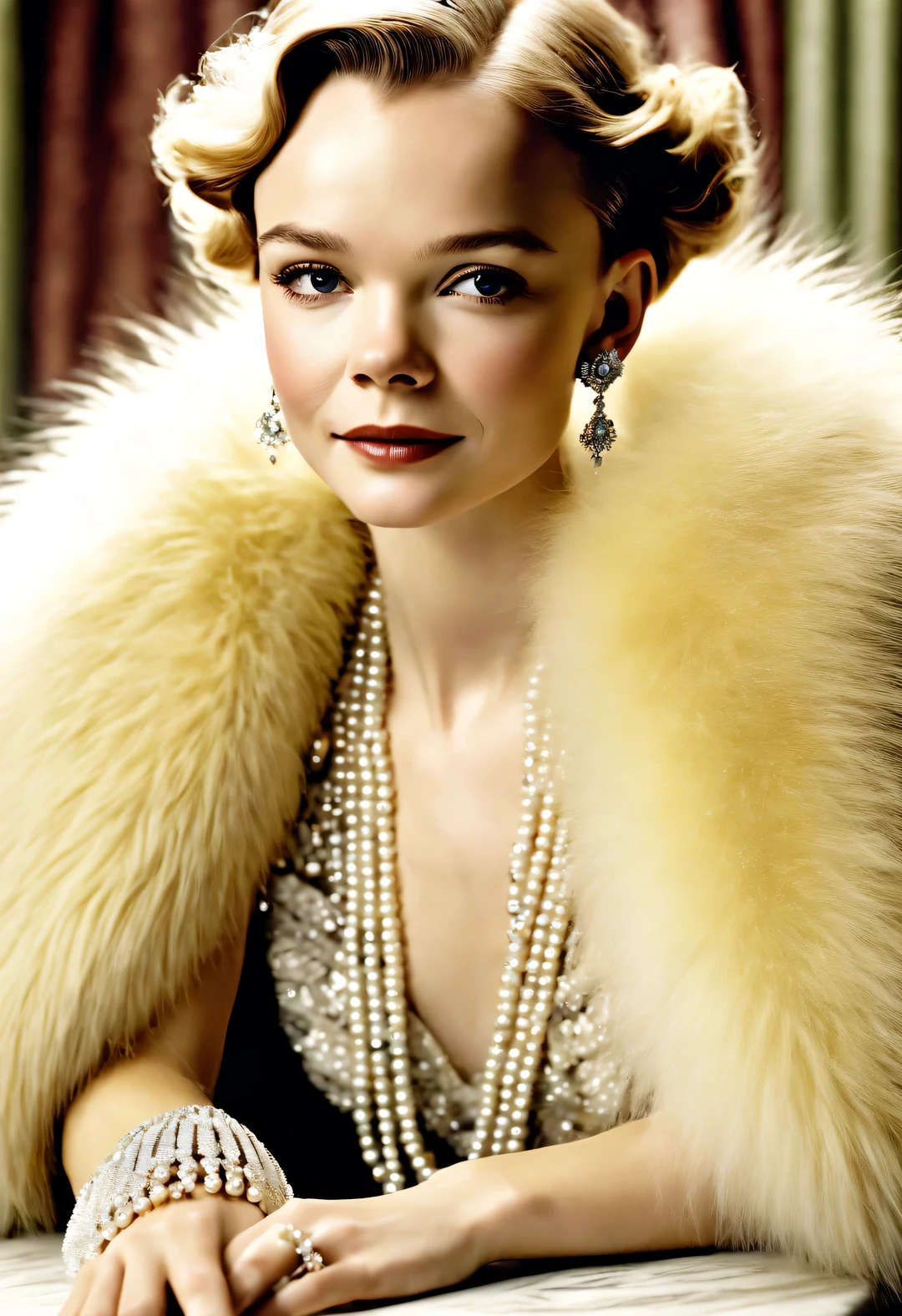 magazine design style , portrait,
(Carey Mulligan (Carey Mulligan) Sitting at the table wearing a high-end fur coat),stills ,vintage ,The atmosphere of the 1920s, Art Deco, (blond:1.34),(Fur coat has delicate texture,smooth visible velvet),Wear pearl jewelry,Advanced custom lace clothing,perfect fingers,(bright, White skin),(Stacking accessories),Luxurious and plump pearls,everything is clear,Composed of beads and brilliant diamonds,Pearls are usually round,(Each bead is the same size),Carefully selected、burnish,Smooth and delicate surface,Soft shine,Diamonds are the most dazzling part,They are cleverly mounted on metal frames,Contrast with pearls,Make the whole bracelet look noble and elegant,gorgeous、Exquisitely crafted diamond rings and bracelets,tiara jewelry,Dressed in 1920s fashion, 1920s hairstyles, 1 9 2 0 s style, 1 9 2 0 clothes, 1 9 2 0 s fabric style,Art Deco,(best quality,8k,high resolution,,super detailed,(actual,lifelike,lifelike的:1.37),super clear,portrait,Creative style artwork,,classical,