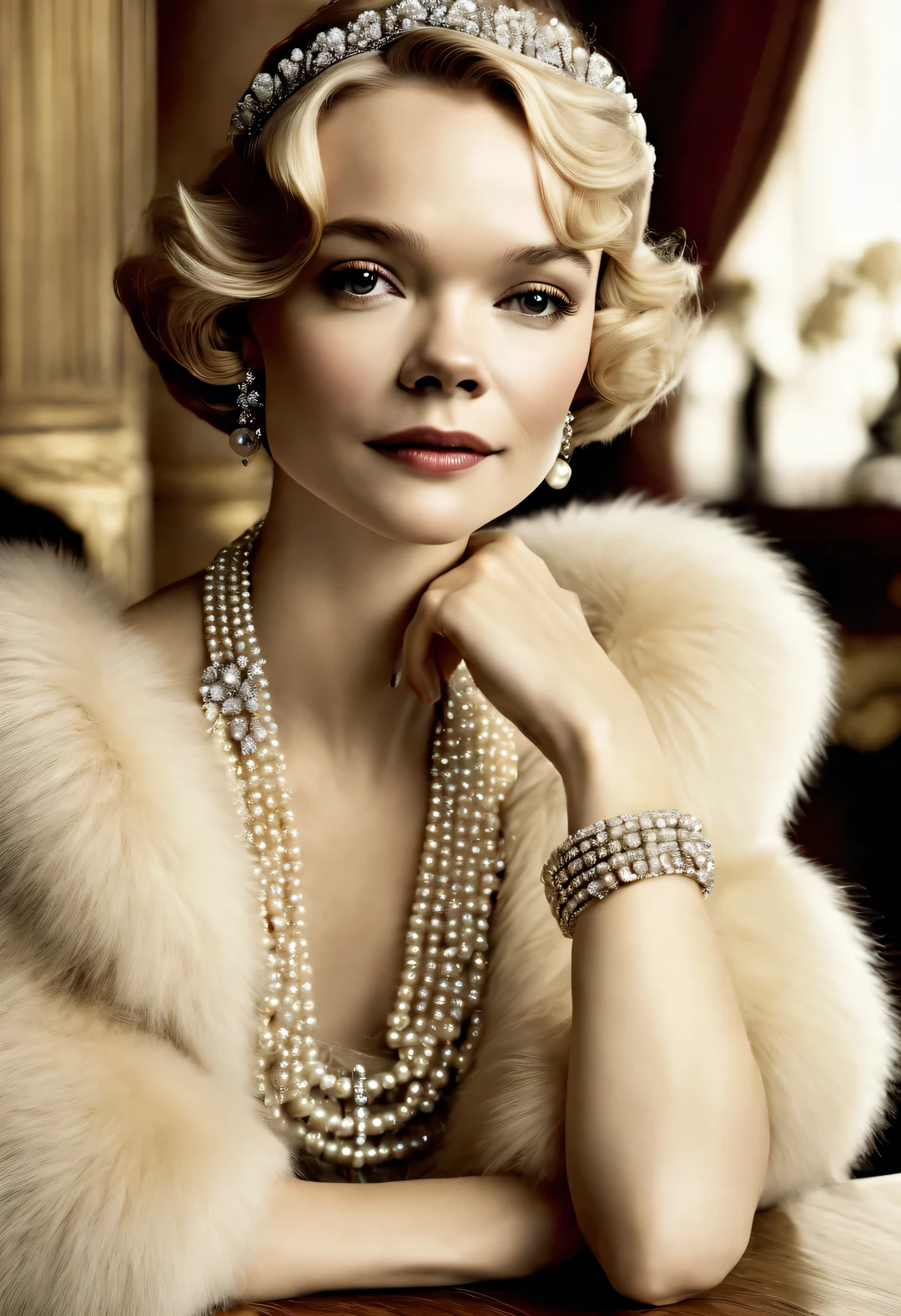 magazine design style , portrait,
(Carey Mulligan (Carey Mulligan) Sitting at the table wearing a high-end fur coat),stills ,vintage ,The atmosphere of the 1920s, Art Deco, (blond:1.34),(Fur coat has delicate texture,smooth visible velvet),Wear pearl jewelry,Advanced custom lace clothing,perfect fingers,(bright, White skin),(Stacking accessories),Luxurious and plump pearls,everything is clear,Composed of beads and brilliant diamonds,Pearls are usually round,(Each bead is the same size),Carefully selected、burnish,Smooth and delicate surface,Soft shine,Diamonds are the most dazzling part,They are cleverly mounted on metal frames,Contrast with pearls,Make the whole bracelet look noble and elegant,gorgeous、Exquisitely crafted diamond rings and bracelets,tiara jewelry,Dressed in 1920s fashion, 1920s hairstyles, 1 9 2 0 s style, 1 9 2 0 clothes, 1 9 2 0 s fabric style,Art Deco,(best quality,8k,high resolution,,super detailed,(actual,lifelike,lifelike的:1.37),super clear,portrait,Creative style artwork,,classical,
