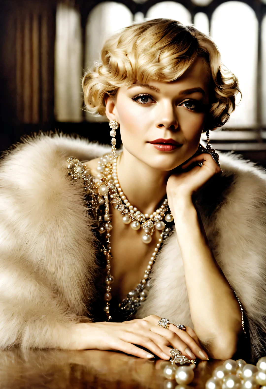 magazine design style , portrait,
(Carey Mulligan (Carey Mulligan) Sitting at the table wearing a high-end fur coat),stills ,vintage ,The atmosphere of the 1920s, Art Deco, (blond:1.34),(Fur coat has delicate texture,smooth visible velvet),Wear pearl jewelry,Advanced custom lace clothing,perfect fingers,(bright, White skin),(Stacking accessories),Luxurious and plump pearls,everything is clear,Composed of beads and brilliant diamonds,Pearls are usually round,(Each bead is the same size),Carefully selected、burnish,Smooth and delicate surface,Soft shine,Diamonds are the most dazzling part,They are cleverly mounted on metal frames,Contrast with pearls,Make the whole bracelet look noble and elegant,gorgeous、Exquisitely crafted diamond rings and bracelets,tiara jewelry,Dressed in 1920s fashion, 1920s hairstyles, 1 9 2 0 s style, 1 9 2 0 clothes, 1 9 2 0 s fabric style,Art Deco,(best quality,8k,high resolution,,super detailed,(actual,lifelike,lifelike的:1.37),super clear,portrait,Creative style artwork,,classical,