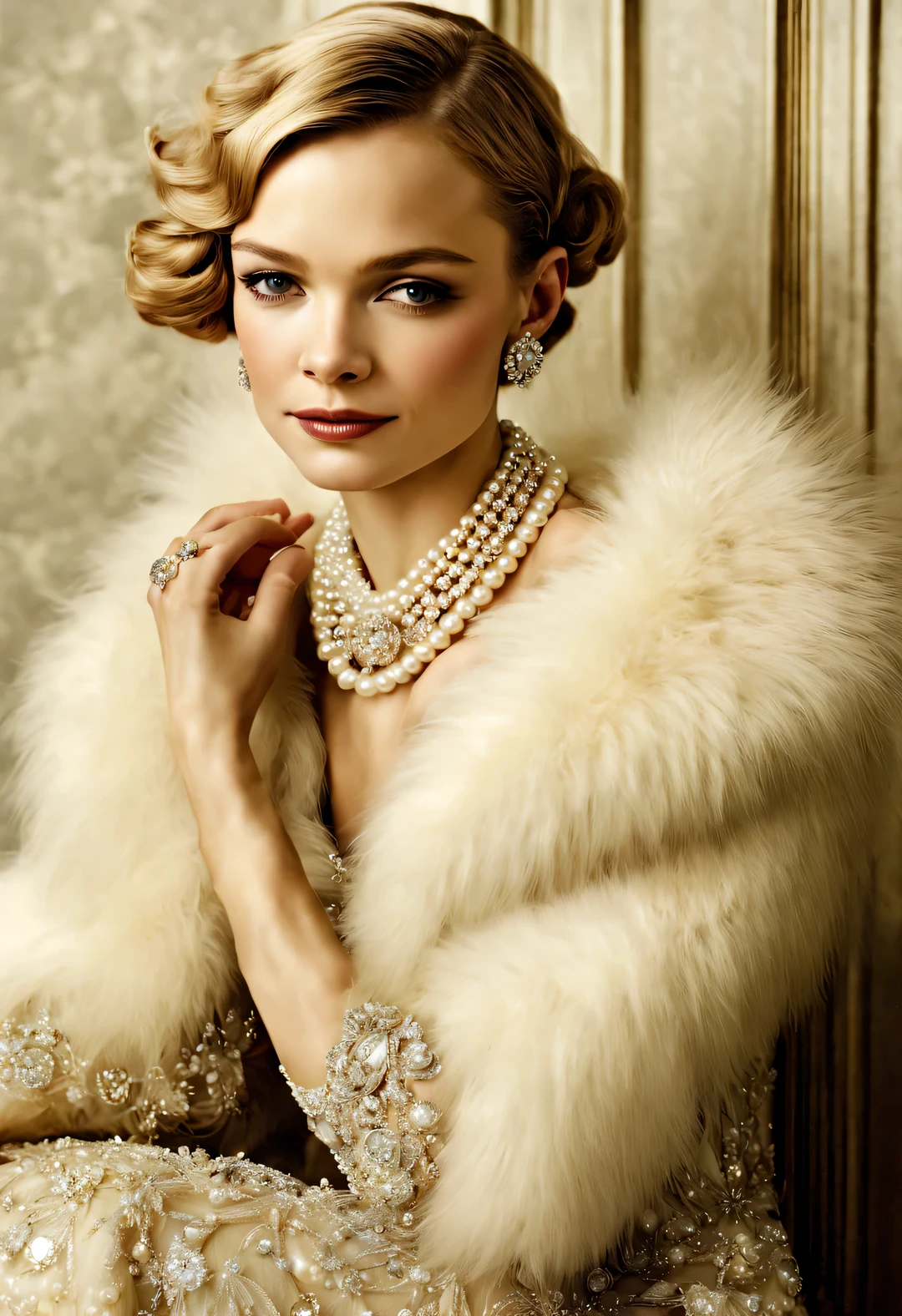 magazine design style , portrait，
（Carey Mulligan (Carey Mulligan) Sitting at the table wearing a high-end fur coat），stills ，vintage ，The atmosphere of the 1920s, Art Deco， （blond：1.34），（Fur coat has delicate texture，smooth visible velvet），Wear pearl jewelry，Advanced custom lace clothing，perfect fingers，（bright, White skin），（Stacking accessories），Luxurious and plump pearls，everything is clear，Composed of beads and brilliant diamonds，Pearls are usually round，（Each bead is the same size），Carefully selected、burnish，Smooth and delicate surface，Soft shine，Diamonds are the most dazzling part，They are cleverly mounted on metal frames，Contrast with pearls，Make the whole bracelet look noble and elegant，gorgeous、Exquisitely crafted diamond rings and bracelets，tiara jewelry，Dressed in 1920s fashion, 1920s hairstyles, 1 9 2 0 s style, 1 9 2 0 clothes, 1 9 2 0 s fabric style,Art Deco，(best quality,8k,high resolution,，super detailed,(actual,lifelike,lifelike的:1.37),super clear，portrait,Creative style artwork,,classical,
