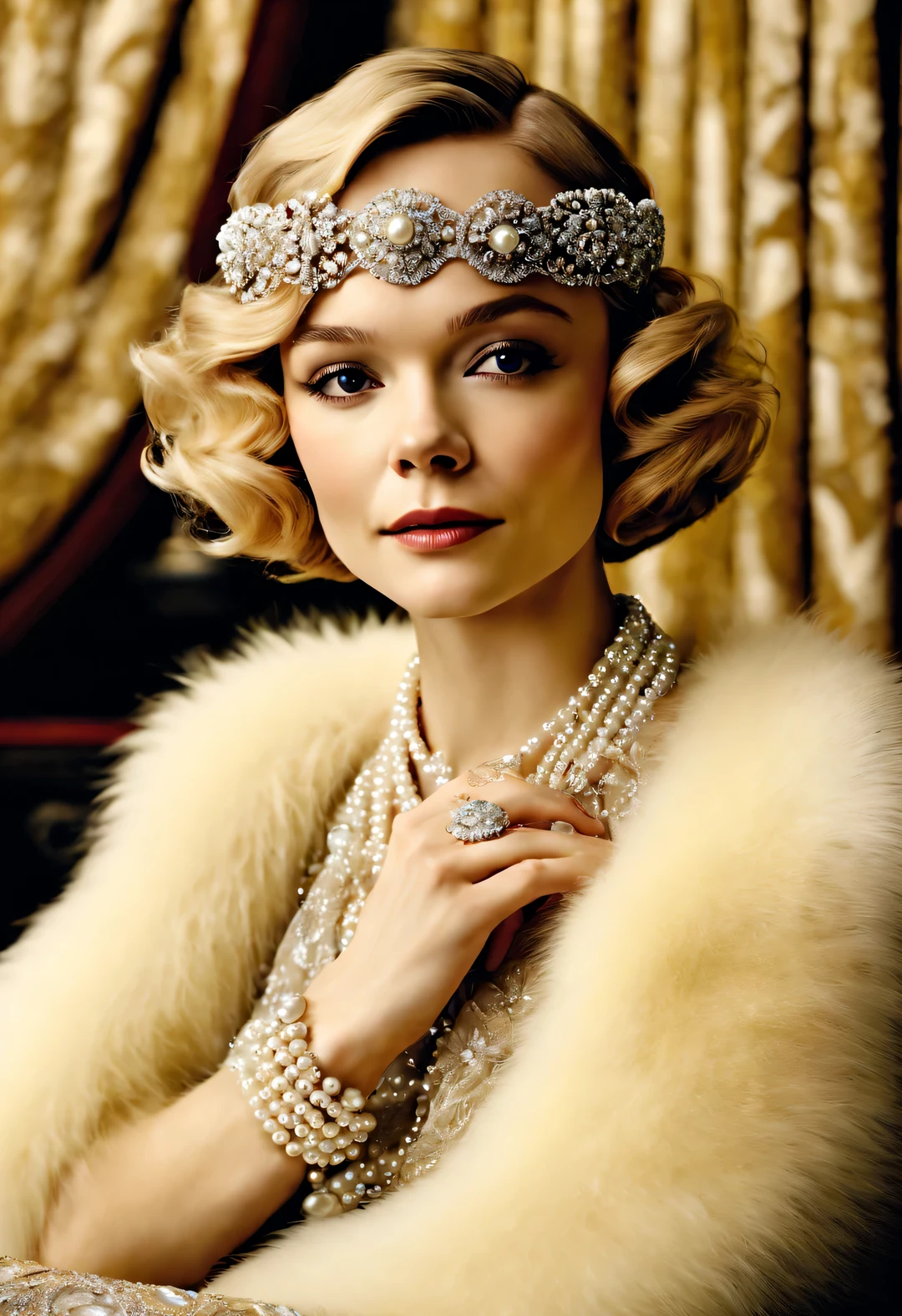 magazine design style , portrait,
(Carey Mulligan (Carey Mulligan) Sitting at the table wearing a high-end fur coat),stills ,vintage ,The atmosphere of the 1920s, Art Deco, (blond:1.34),(Fur coat has delicate texture,smooth visible velvet),Wear pearl jewelry,Advanced custom lace clothing,perfect fingers,(bright, White skin),(Stacking accessories),Luxurious and plump pearls,everything is clear,Composed of beads and brilliant diamonds,Pearls are usually round,(Each bead is the same size),Carefully selected、burnish,Smooth and delicate surface,Soft shine,Diamonds are the most dazzling part,They are cleverly mounted on metal frames,Contrast with pearls,Make the whole bracelet look noble and elegant,gorgeous、Exquisitely crafted diamond rings and bracelets,tiara jewelry,Dressed in 1920s fashion, 1920s hairstyles, 1 9 2 0 s style, 1 9 2 0 clothes, 1 9 2 0 s fabric style,Art Deco,(best quality,8k,high resolution,,super detailed,(actual,lifelike,lifelike的:1.37),super clear,portrait,Creative style artwork,,classical,