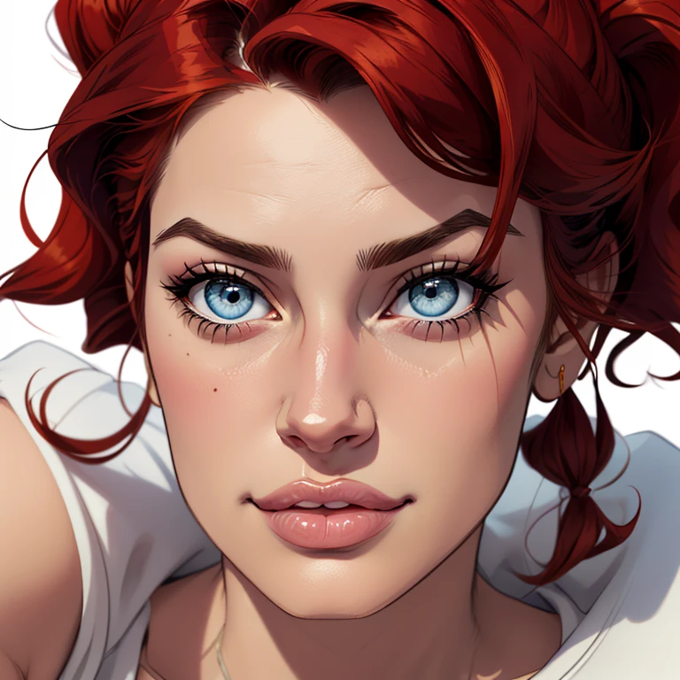 (cartoon style:1.2), Drawings of ([Jessica Simpson, Salma Hayek, Kelly Brook]), portrait, wearing black t-shirt, short skirts, red hair, perfect eyes, detailed face, white background, fun posing, flirty look, Centered, scale to fit the dimensions