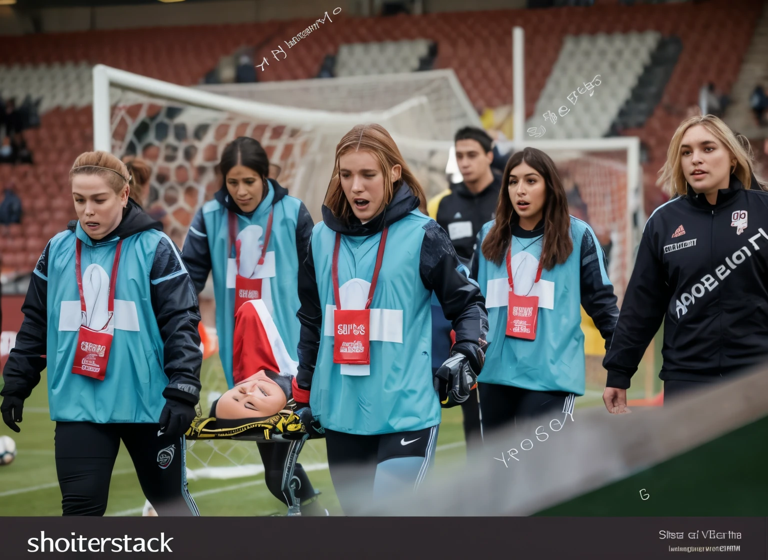 a soccer scene in a sports stadium, cool and wet weather conditions, humide ground, rainy sky, injury scene in a sports stadium, stretcher carry, there are four female medics carrying a stretcher, there are four female medics in very shiny coats who are carrying a stretcher in a sports stadium, there is a wounded male soccer player in a matte short cotton sports outfit lying on the stretcher, an injured male soccer player in matte cotton sportswear is lying in pain on a stretcher, a soccer player in matte cotton sports clothes is rearing up in intense pain while lying on a stretcher, dramatic scene, theatralic posing scene, dramatic pity scene, injury soccer, first aid, help, pity, there are four female medics in wetlook high-shine coats who are looking very sad and very terrified and very shocked, the injured soccer player is screaming out in pain while he is carried from the pitch on a stretcher