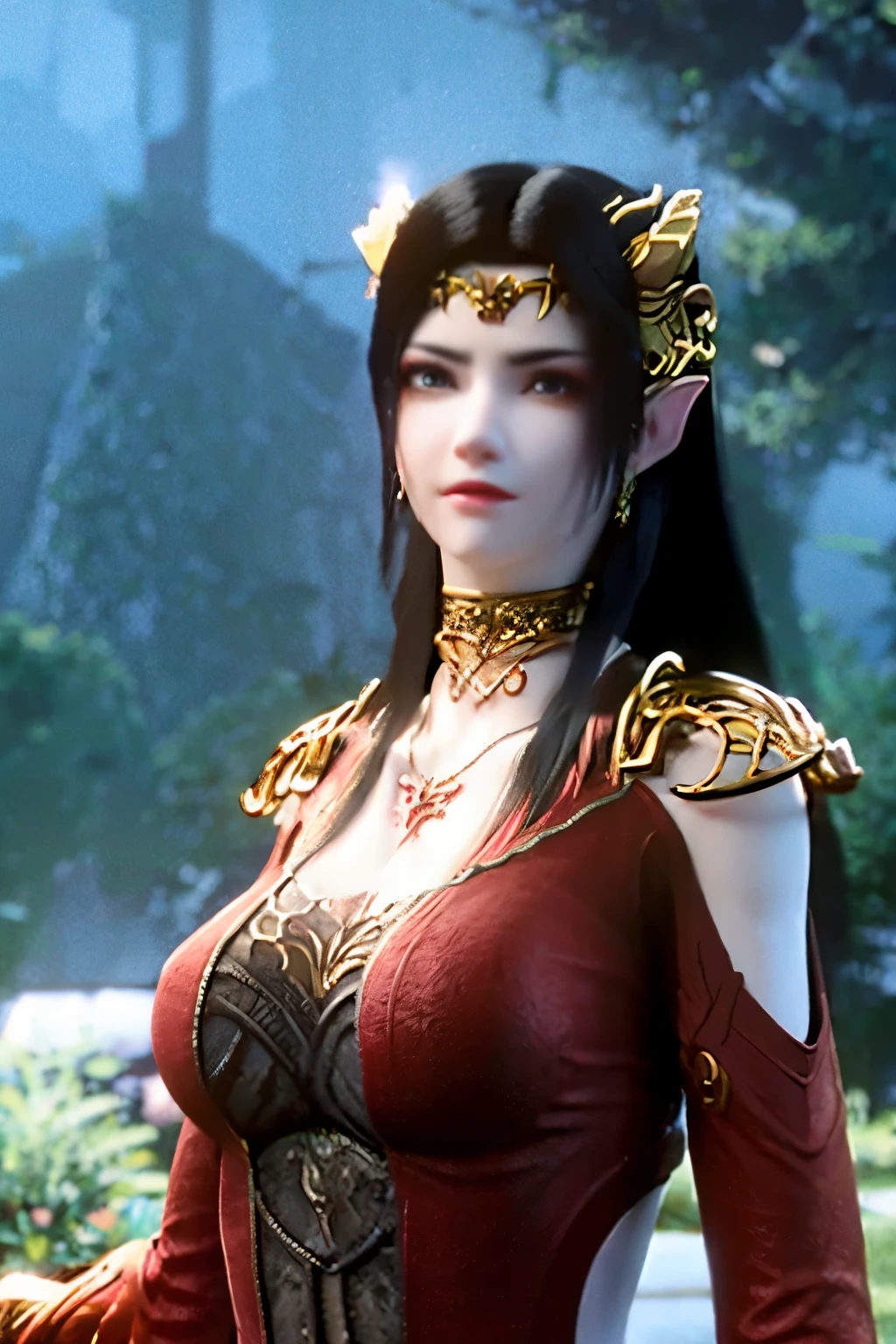 Bare shoulders with full breasts, medusa, long hair, black hair, in the mountain, sunset, beautifull face, big breasts, sexy,