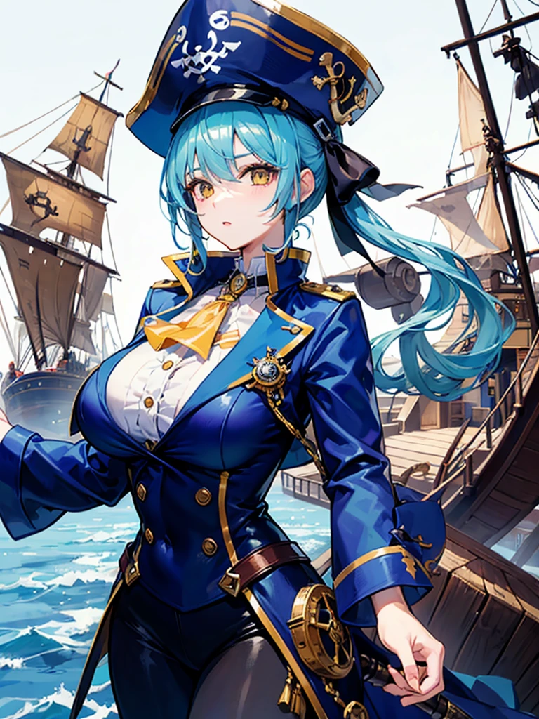 (((masterpiece、Highest image quality、highest quality、highly detailed unity 8kwallpaper)))、((Illustration of one girl、upper body))、(((beautiful girl)))、(fantasy、female pirate)、(Light light blue hair、short ponytail:1.2、yellow eyes)、(((Right hand is a prosthetic hand、steampunk prosthetic arm)))、((tall))、bulky figure, massive frame, thick neck, sturdy arms, powerful legs、(captain's suit、Pirate hat、Blue coat)、pier、pirate ship anchored、Wooden sailing ship