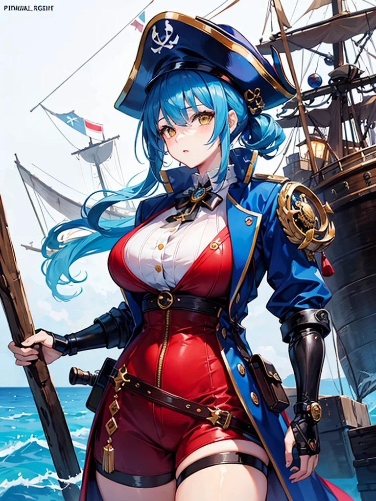（（（masterpiece、Highest image quality、highest quality、highly detailed unity 8ｋwallpaper）））、（（Illustration of one girl、upper body））、（（（beautiful girl）））、（fantasy、female pirate）、（Light light blue hair、short ponytail：1.2、yellow eyes）、（（（Right hand is a prosthetic hand、steampunk prosthetic arm）））、（（tall））、bulky figure, massive frame, thick neck, sturdy arms, powerful legs、（captain&#39;s suit、Pirate hat、Blue coat）、pier、pirate ship anchored、Wooden sailing ship