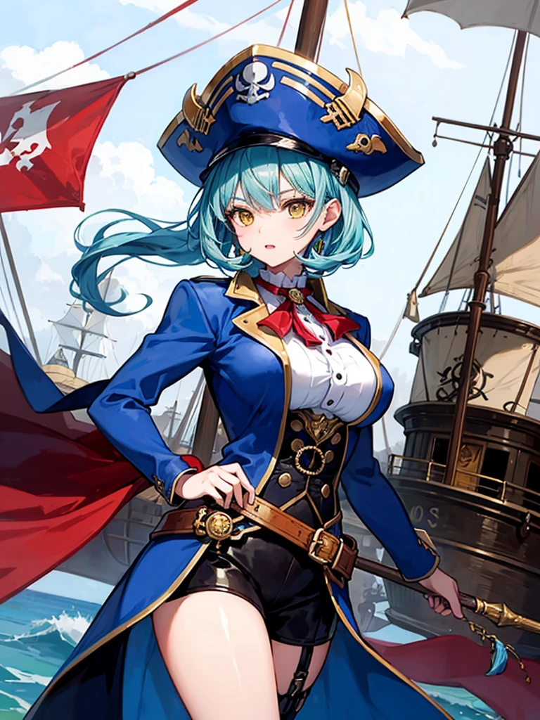 (((masterpiece、Highest image quality、highest quality、highly detailed unity 8kwallpaper)))、((Illustration of one girl、upper body))、(((beautiful girl)))、(fantasy、female pirate)、(Light light blue hair、short ponytail:1.2、yellow eyes)、(((Right hand is a prosthetic hand、steampunk prosthetic arm)))、((tall))、bulky figure, massive frame, thick neck, sturdy arms, powerful legs、(captain's suit、Pirate hat、Blue coat)、pier、pirate ship anchored、Wooden sailing ship