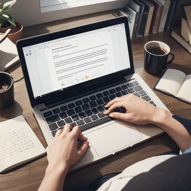 Generate an image through AI that depicts a harmonious composition of a book and keyboard, accompanied by an illustrative hand and a few small notes beside them. Emphasize a balanced and creative arrangement, ensuring that the overall image conveys a sense of writing, learning, and a productive workspace