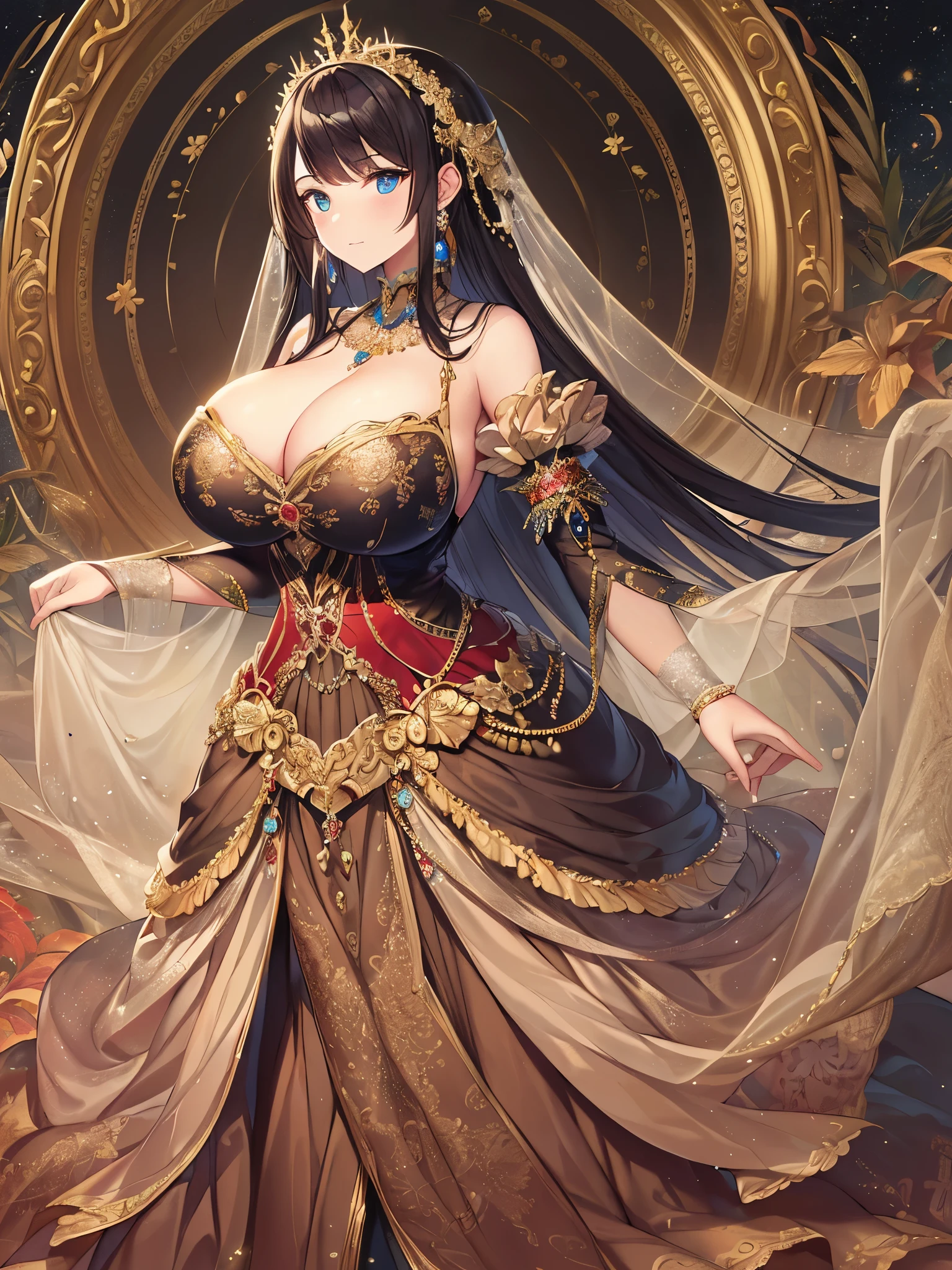 ((anime artstyle)),(Masterpiece),(Best Quality), (Super Detail),((Very Delicate and Beautiful)),((Solo)),Standing,((full body)),((1 princess in beautiful embroidery and jeweled gorgeousfull rococo ballgown)),detailed face and eyes,jewel-like eyes,(((very very gigantic breasts,cleavage,curvy))),skindentation,((extremely voluminous straight Hair,Extremely Long Straight Hair)),((gorgeousfull embroidery and lace,beautiful embroidery and jeweled)),Gorgeous Gemstone Jewelry,gorgeous corsage,gorgeousfull hair ornament,gorgeousfull glitter jeweled tiara,((full body)),((voluminous hoop skirt,crinoline,Long train)),luxury palace,Dynamic Angle,Looking at viewer,(((beautiful embroidery and jeweled gorgeousfull rococo ballgown)),full body