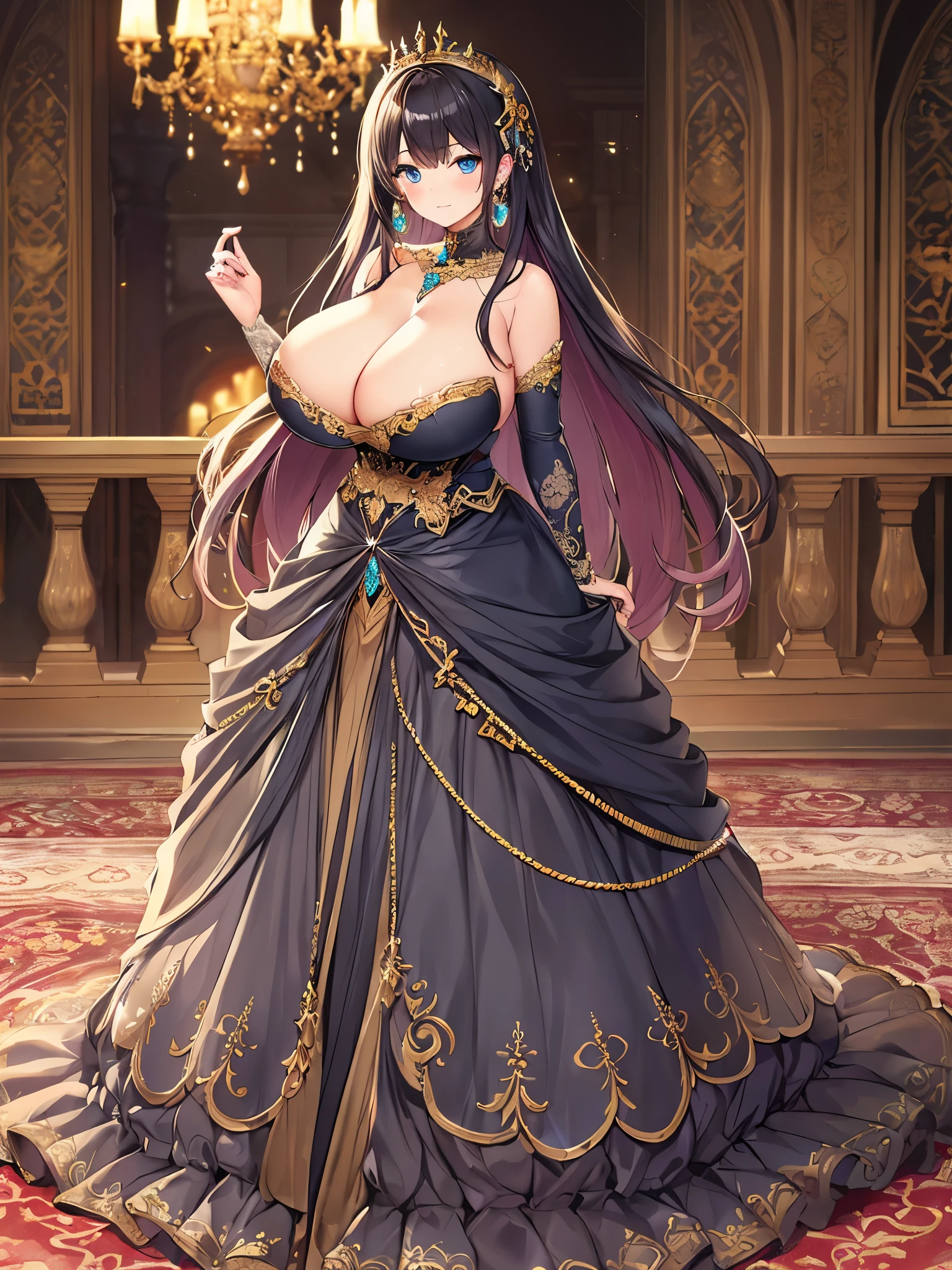 ((anime artstyle)),(Masterpiece),(Best Quality), (Super Detail),((Very Delicate and Beautiful)),((Solo)),Standing,((full body)),((1 princess in beautiful embroidery and jeweled gorgeousfull rococo ballgown)),detailed face and eyes,jewel-like eyes,(((very very gigantic breasts,cleavage,curvy))),skindentation,((extremely voluminous straight Hair,Extremely Long Straight Hair)),((gorgeousfull embroidery and lace,beautiful embroidery and jeweled)),Gorgeous Gemstone Jewelry,gorgeous corsage,gorgeousfull hair ornament,gorgeousfull glitter jeweled tiara,((full body)),((voluminous hoop skirt,crinoline,Long train)),luxury palace,Dynamic Angle,Looking at viewer,(((beautiful embroidery and jeweled gorgeousfull rococo ballgown)),full body