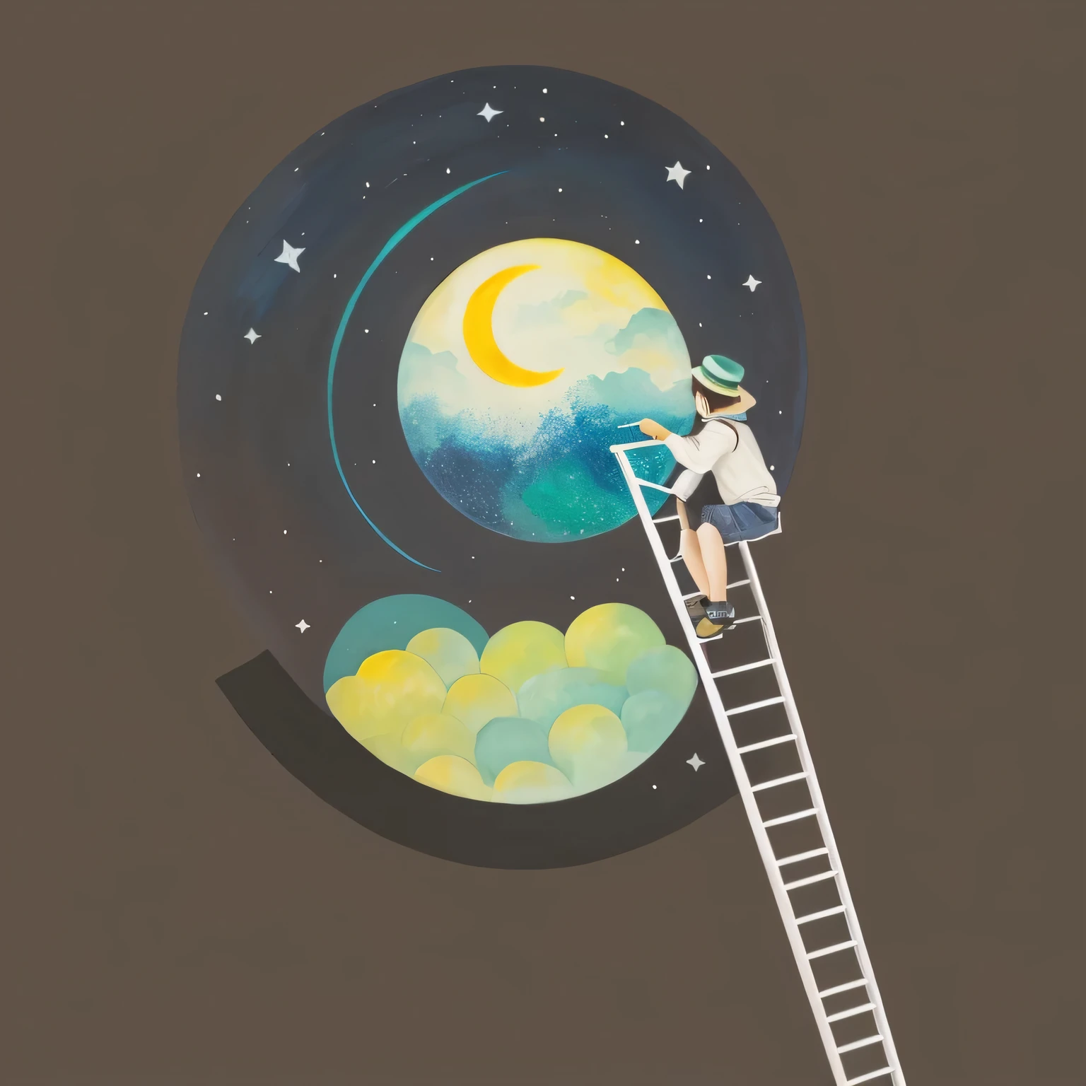 Blue and green soda with a floating moon floating in the air in a float glass,There'age Boy Climbing a Ladder to the Moon,The boy is wearing a dark green knitted cap., dreamy shape, painting shape, a beautiful artwork shape, An figureレーション, An figure, colorful shape, artistic shape, Draw a picture in the shining school style, painting of a dreamscape, figure, shape”, shape!, An figure, I'I'm touching the moon with my other hand, looking at the stars, by Yi Inmun,starry sky