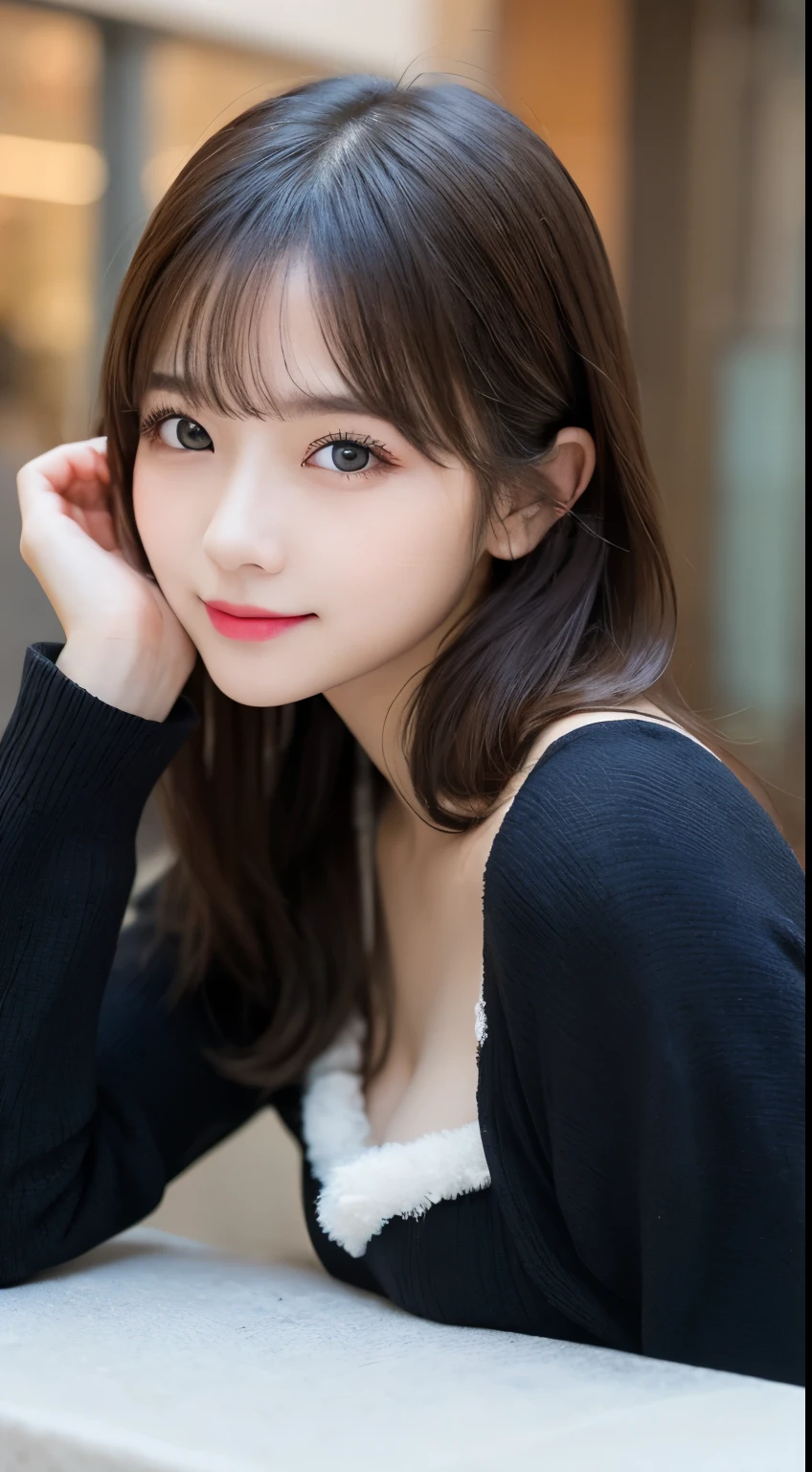 table top, highest quality, shape, Super detailed, finely, High resolution, 8k wallpaper, 完璧なダイナミックな構shape, beautiful and detailed eyes, Gorgeous and stylish black fluffy latest trend Tokyo winter clothes,ランダムなcute髪,small breasts,natural color lip, bold sexy pose,smile、20 year old girl、cute、sexy shot looking at camera,Always blur the background,perfect and beautiful face,Take only the face,beautiful and detailed face、slim face and style,Big eyes、Do gal makeup,real photos