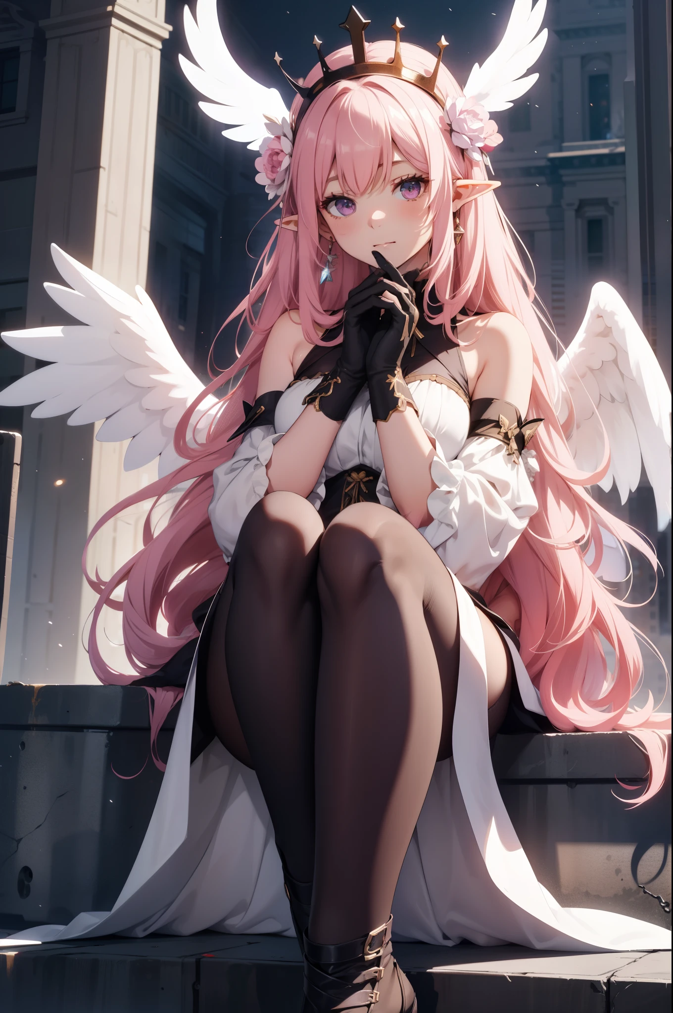 giant girl 50,000 feet high,Weight 1000kg,Has a pair of long legs,Open your eyes wide,Has three pairs of huge white angel wings,With huge devil horns on his head,crown on head,Elf wearing white earrings,She has long pink hair that reaches her feet,loose hair,Pink wavy long curly hair,Wearing a pair of black boots,White sleeves,Wearing white lace pantyhose,Pantyhose with bow and star decorations,白色蕾丝whole body,sitting on a tall building,Beautiful appearance,Exquisite makeup,quality,8k,高quality,Perfect proportion, Cinema lighting,film grain,Fuji colors,8k,textured skin,Super details,high detail,high resolution,charming,blood stains,脚底有blood stains,whole body,Obese,elf princess,feather,flowers