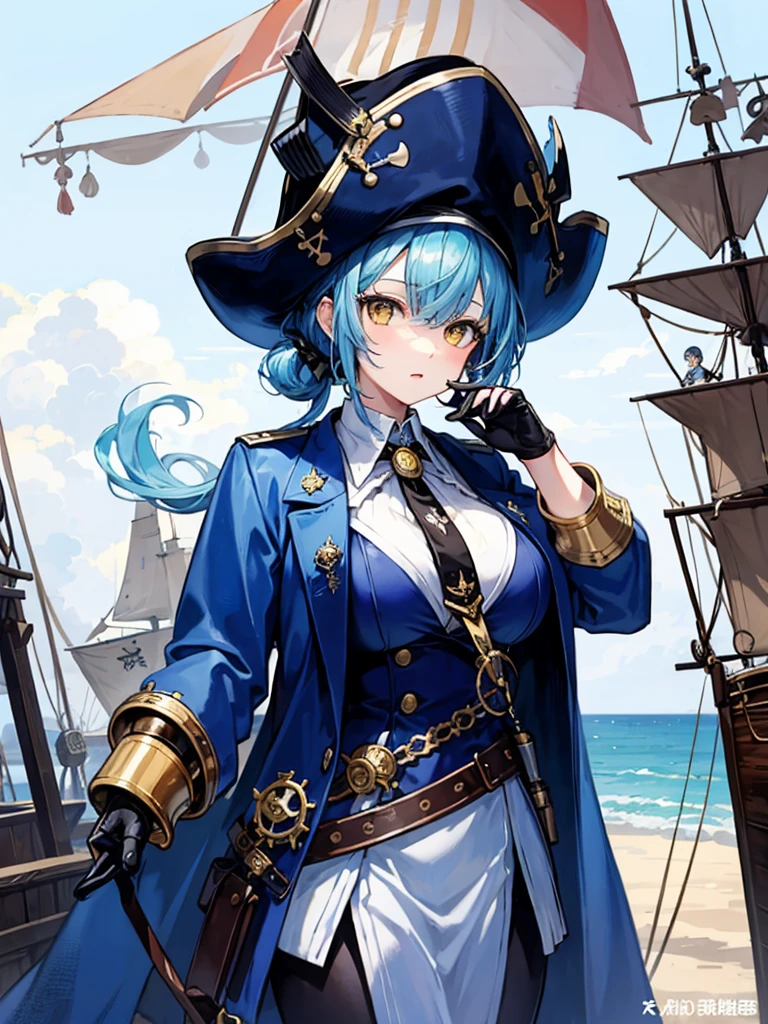 （（（masterpiece、Highest image quality、highest quality、highly detailed unity 8ｋwallpaper）））、（（Illustration of one girl、upper body））、（（（beautiful girl）））、（fantasy、female pirate）、（Light light blue hair、short ponytail：1.2、yellow eyes）、（（（Right hand is a prosthetic hand、steampunk prosthetic arm）））、（（tall））、bulky figure, massive frame, thick neck, sturdy arms, powerful legs、（captain&#39;s suit、Pirate hat、Blue coat）、pier、pirate ship anchored、Wooden sailing ship