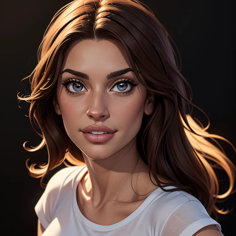 (cartoon style:1.2), Drawings of ([Jessica Simpson, Salma Hayek, Kelly Brook]), portrait, wearing white t-shirt, short skirts, Brown hair, perfect eyes, detailed face, black background, fun posing, flirty look, Centered, scale to fit the dimensions