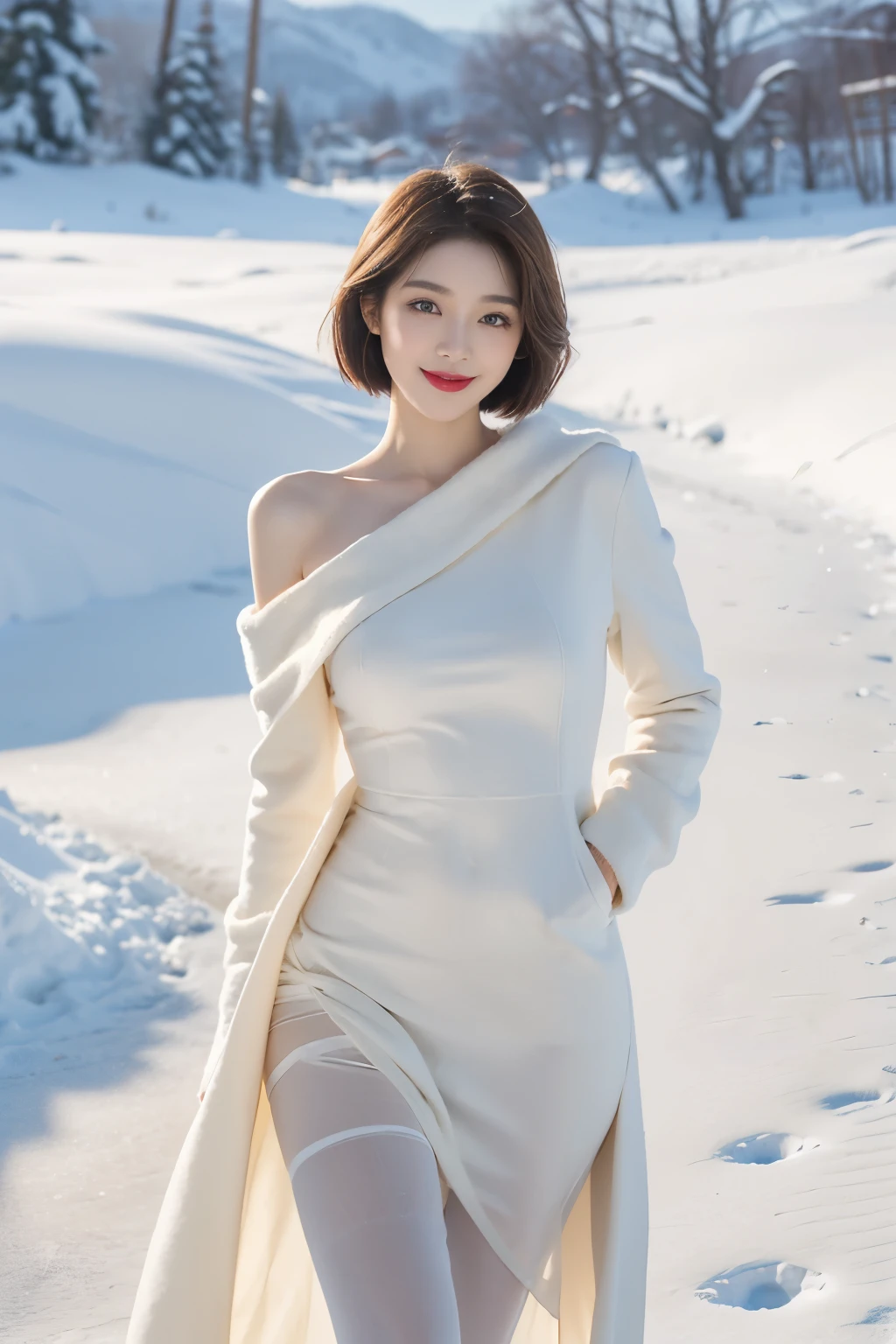 Best quality, 4k, 8k, detailed face, clear face, pretty girl, Korean makeup, red lips, smile, perfect body, shoulder length straight short hair, super huge breasts, thighs, slim, skinny, girl wearing long dress And the wide coat, underneath the coat is the upper leg and pantyhose, the lower abdomen, the snow scene