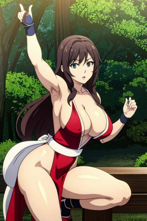 masterpiece, high resolution, best quality, beautiful art, detailed face and hands, anime style, 1 woman, solo, Yunyun, mature woman, grown up, big breasted, cleavage, cosplaying as Mai Shiranui, sexy Japanese clothes, pelvic curtain, full body, sexy bare legs and thighs, sexy training, working out, stretching her limbs, arms and legs, sexy moves, warming up, candy eye on her femenine charm, beach background