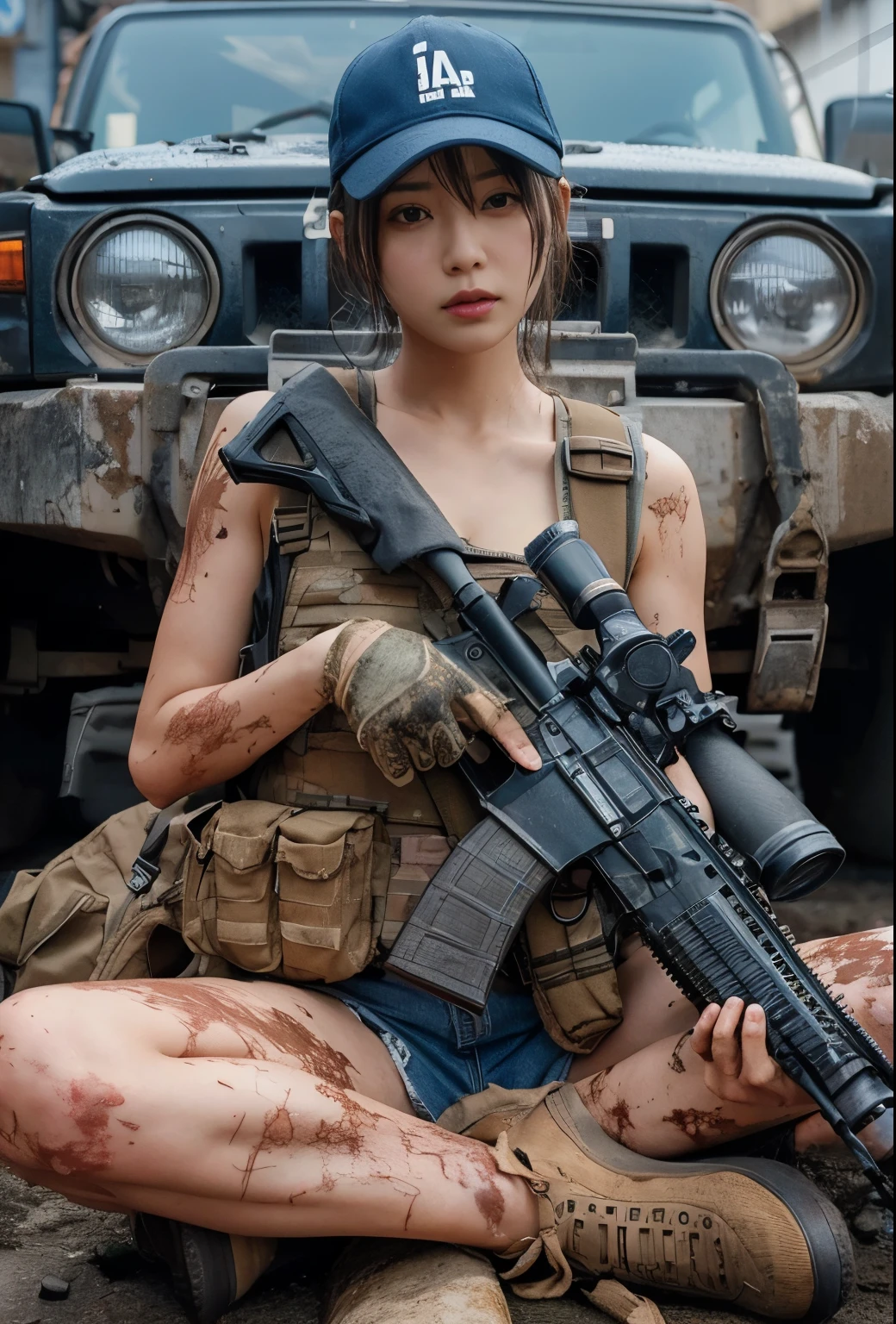 Photorealsitic、realistic skin textures、automatic rifle、Bolides、wounds