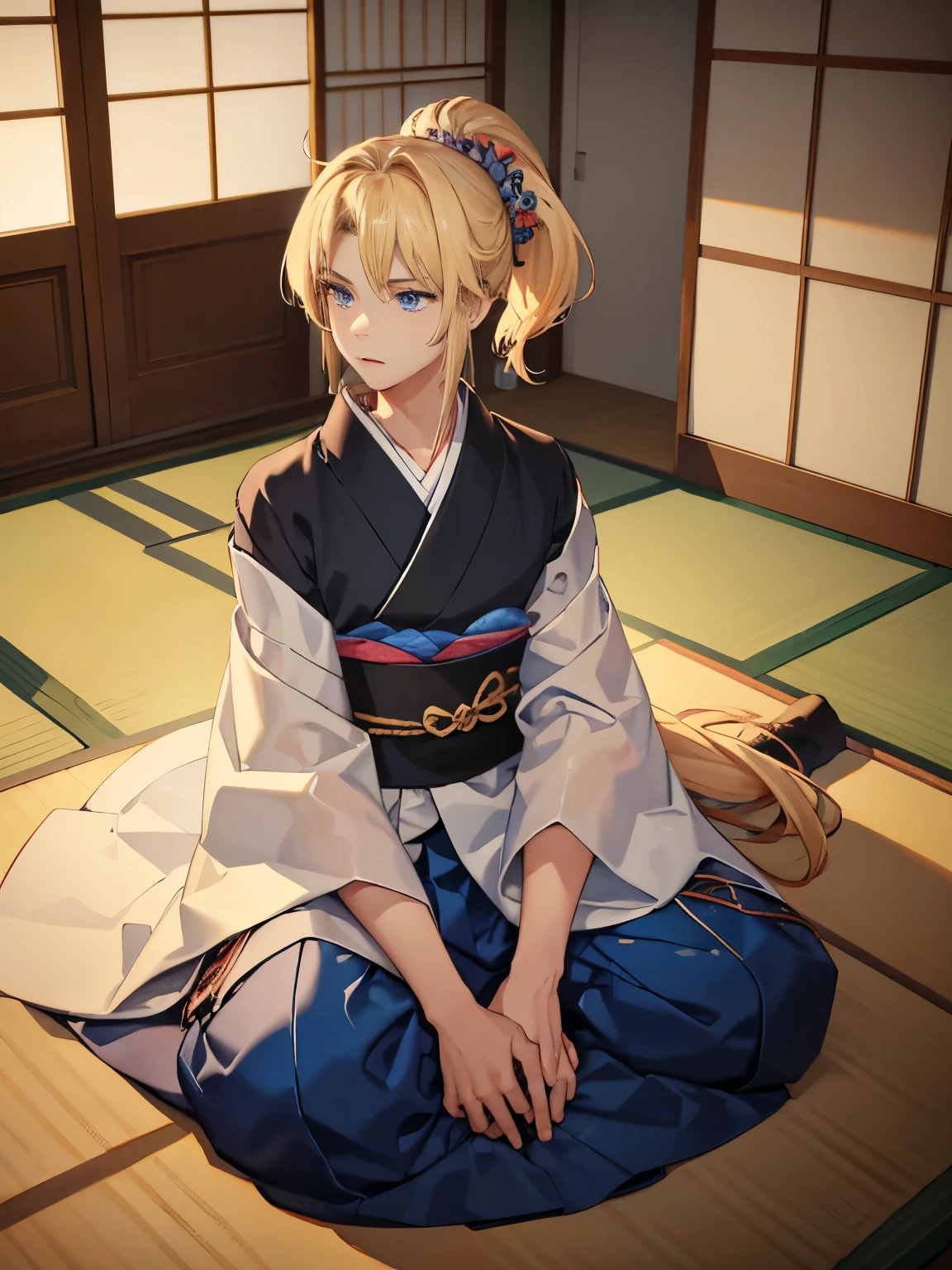 1boy,Masculinity,blond hair,ponytail,blue eyes,no bra,A Japanese-style room,late at night,alone,kimono