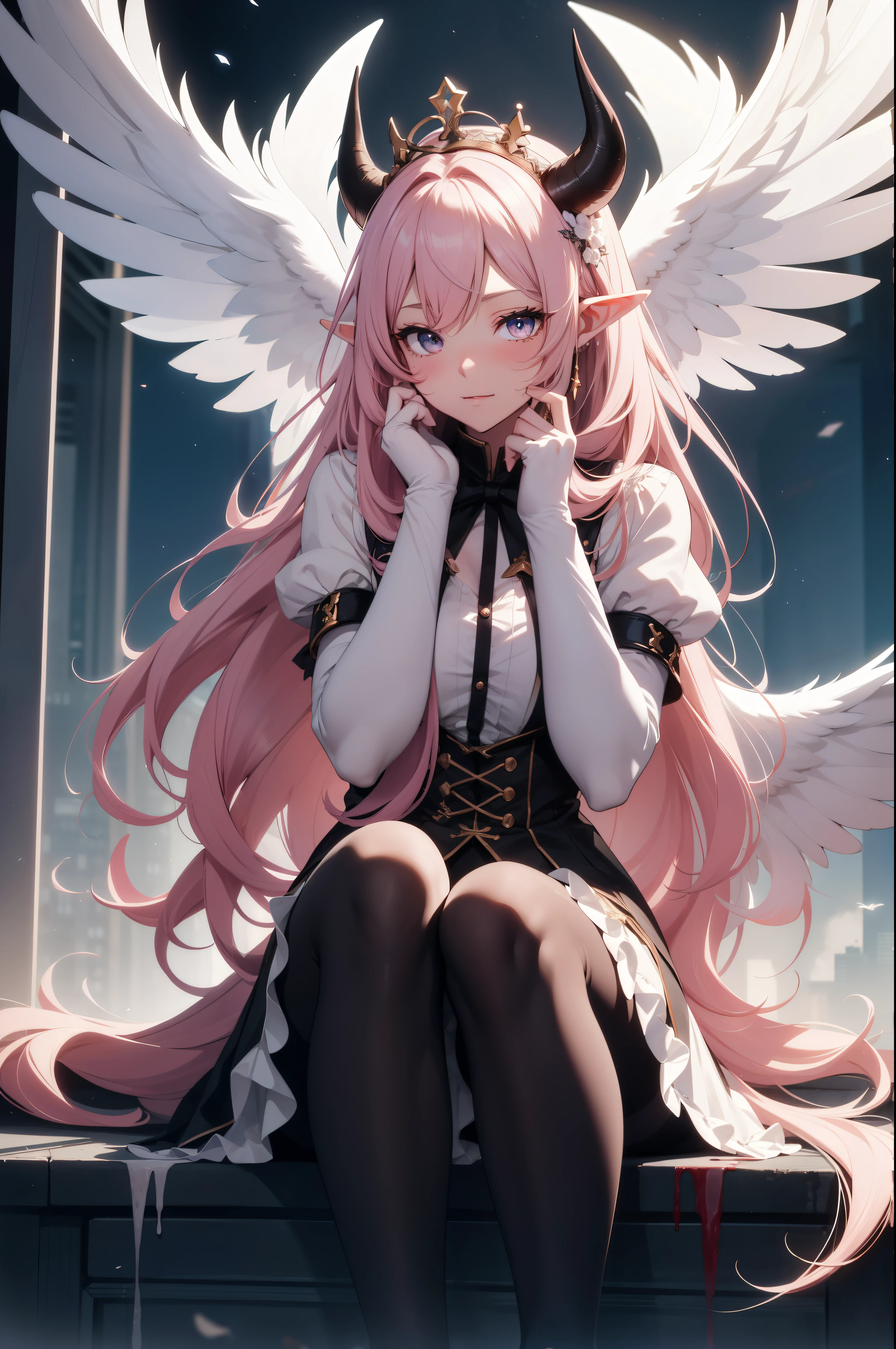 giant girl 50,000 feet high，Weight 1000kg，Have a pair of long legs，Keep your eyes open，Has three pairs of huge white angel wings，With huge devil horns on his head，wear a crown on your head，Elf wearing white earrings，She has long pink hair that reaches her feet，loose hair，Pink wavy long curly hair，Wearing a pair of black boots on her feet，white sleeves，Wearing white lace pantyhose，Bow and star embellished tights，白色蕾丝whole body，Sit on a tall building，Beautiful appearance，Exquisite makeup，quality，8k，高quality，Perfect proportion, Cinema lighting，film grain，Fuji colors，8k，textured skin，Super details，high detail，high resolution，charming，blood stains，脚底有blood stains，whole body，fat，elf princess，feather，flowers