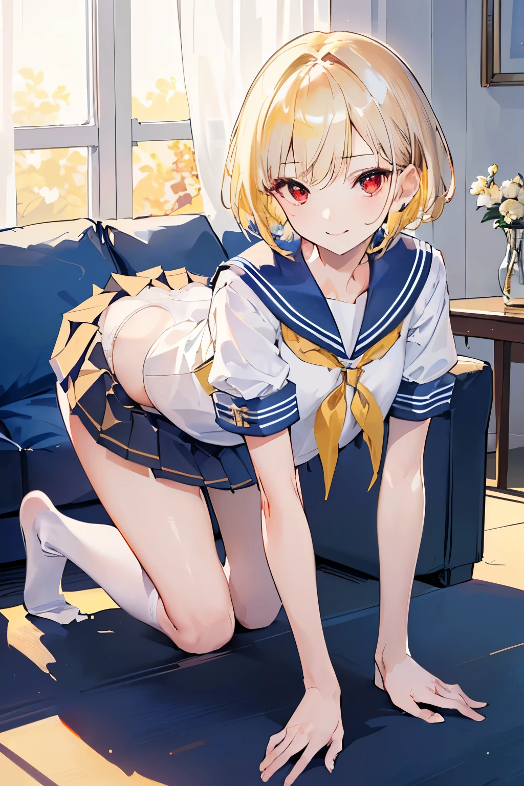 (((1girl))), ((best quality)), ((masterpiece)), ((ultra-detailed)), (illustration), (detailed light), (an extremely delicate and beautiful), (beautiful detailed eyes), (sunlight), ((extremely light)),
((((sailor uniform and a brief pleated skirt)))),
school girl,
wavy short manish bob, (((yellow gold hair))), (((short hair))),
(((deep red eyes))),
((whole body)), aged 14 to 17,
diamond, beautiful, ((extra elegant)), (((condescending expression))), (sexually mischievous smile), (((extra adorable))), (((extra slender shape))),
(((((all fours on the sofa on her knees))))),
((((exposed pure white cotton panties)))), (((extraordinarily thin thighs)))