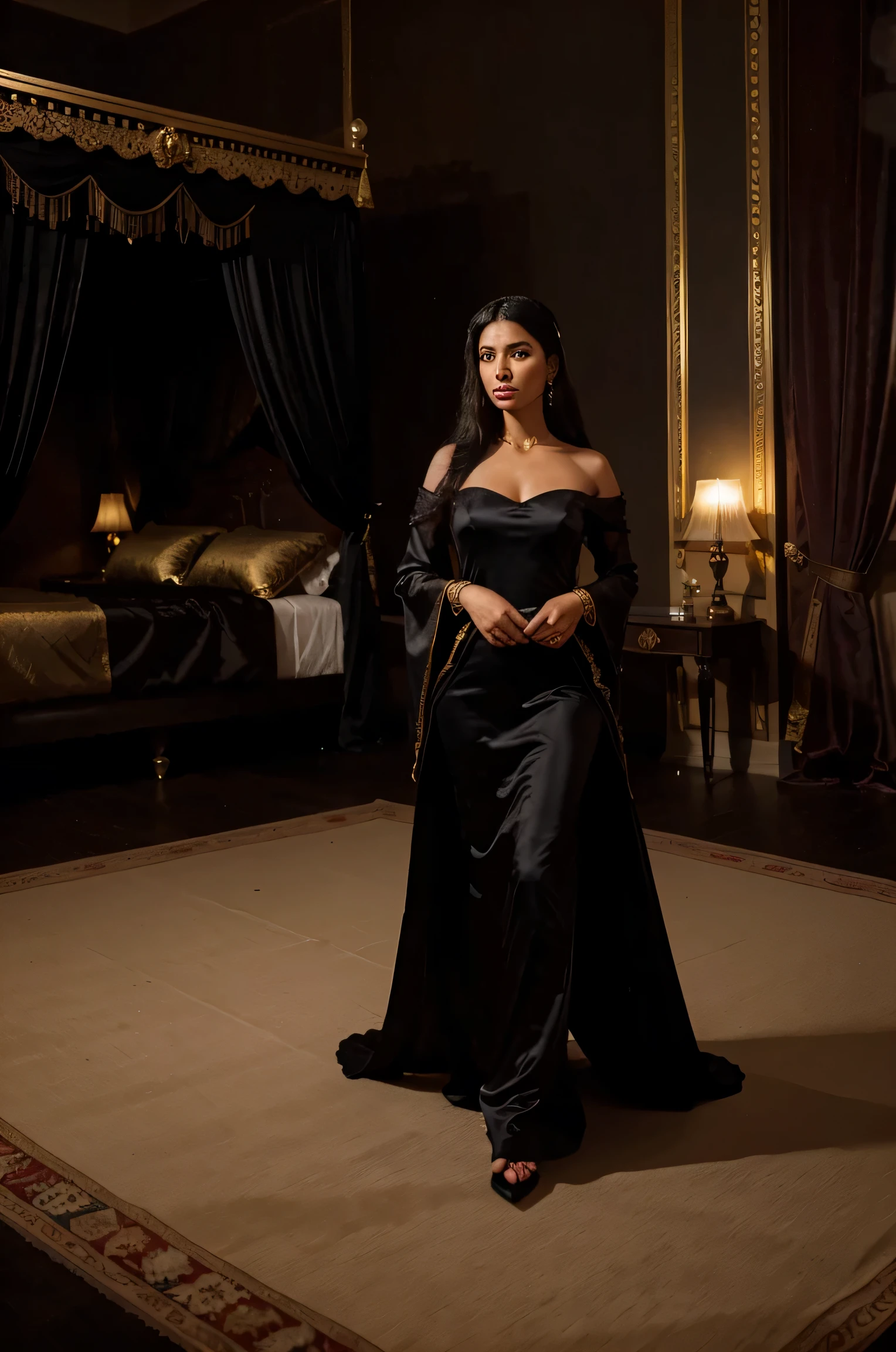 black Arabian princess with black silk gown and head tire in an expensive royal room with exquisite meal,incense and gold round her around her