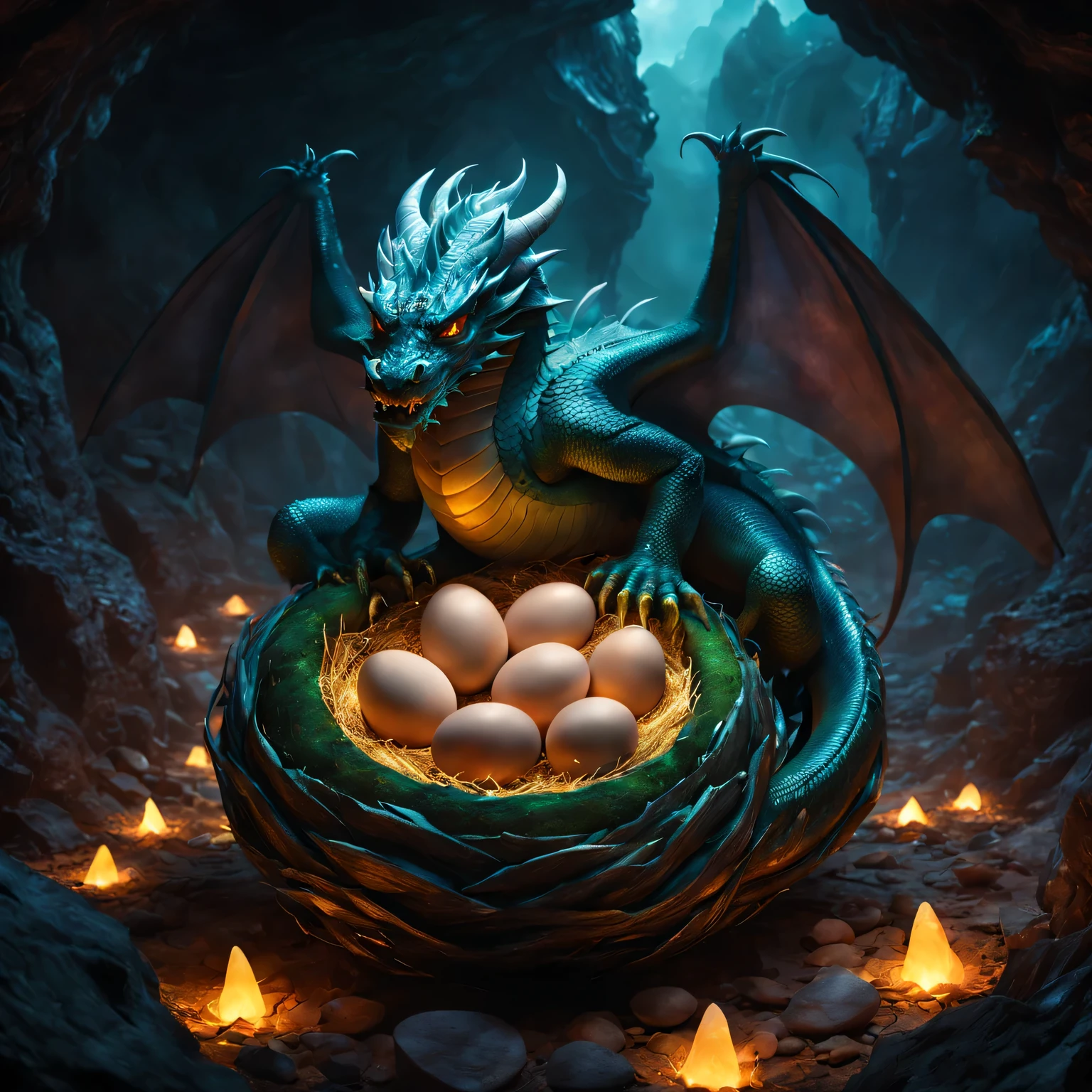 (best quality,4K,high resolution,masterpiece:1.2),dramatic lighting,Dragon eggs,Nest,spongy,hatch dragon,Detailed scale,emerge from darkness,bright colors,concept art,crackling shells,Steam,surrounded by ancient symbols,glow,mythical character,ancestral energy,The environment is harsh,dangerous,large nest of eggs,Hidden treasures unearthed,Superior craftsmanship,Huge female dragon protects her babies,Powerful Guardians,Underworld,mysterious atmosphere,amazing spectacle,shadows and whispers,otherworldly presence,Mysterious and charming