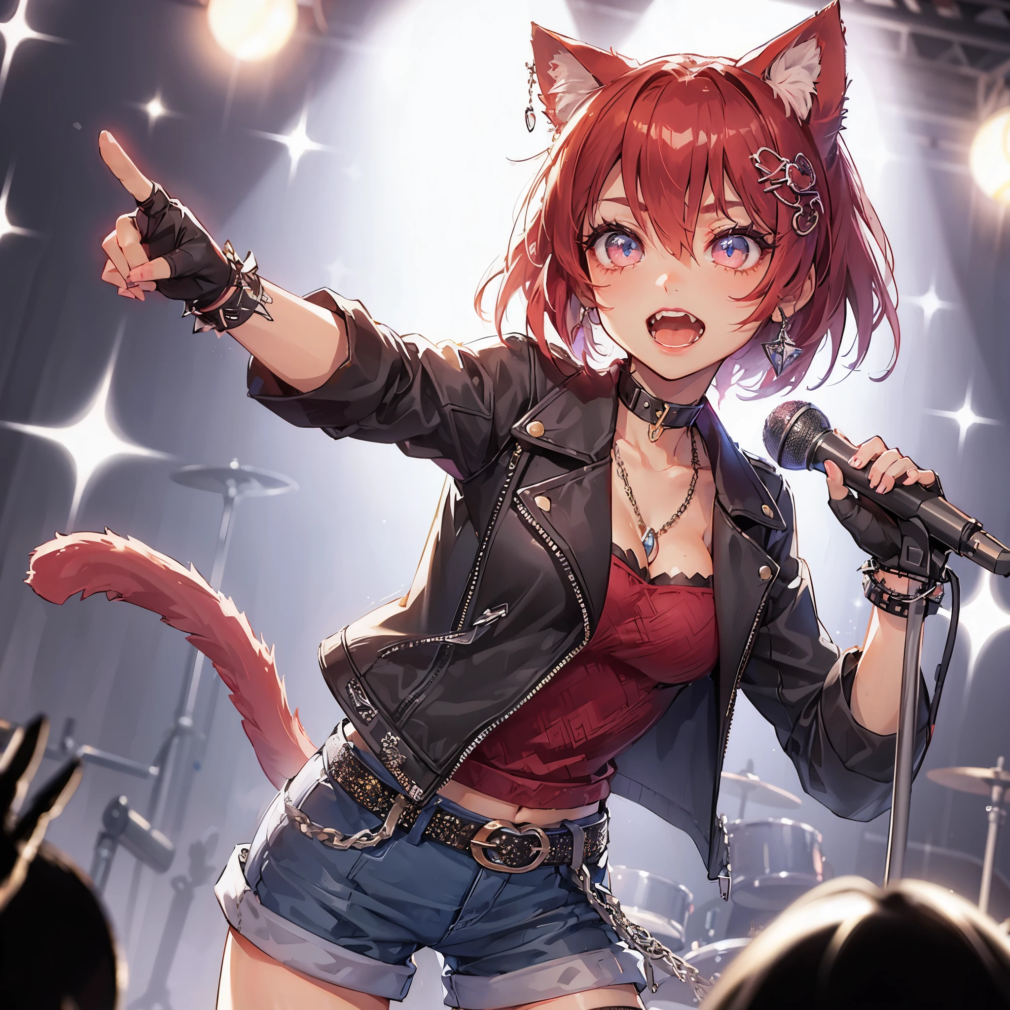 high quality,hd,16k,sharp line,1girl,fantasy, (cat girl,cat ears,cat tail),rock singer,beautiful face, large breasts, nice legs,in stage,focus girl,detailed beautiful face,detailed clothes,beautiful eyes,cool,sexy,dynamic angle