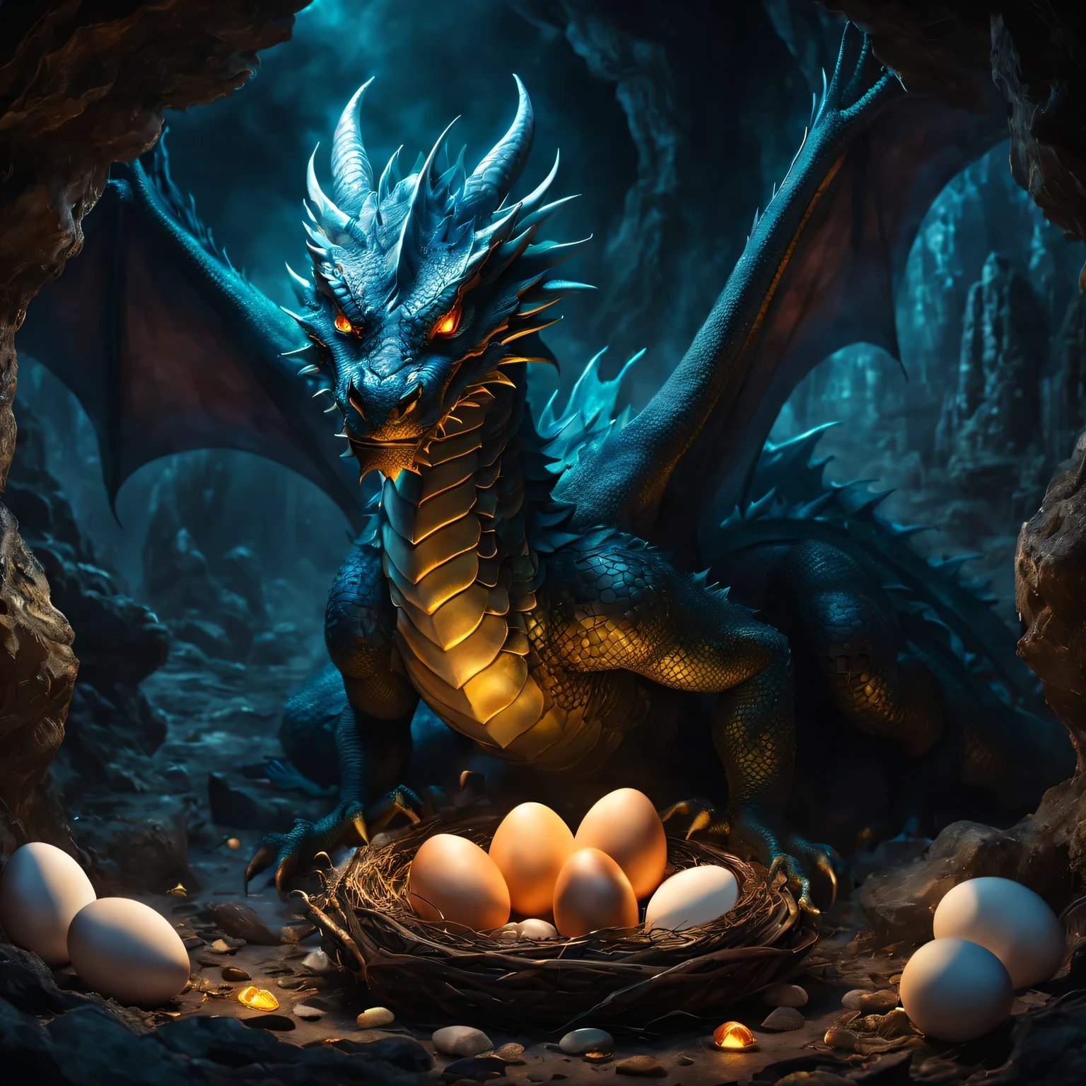 (best quality,4K,high resolution,masterpiece:1.2),dramatic lighting,Dragon eggs,Nest,spongy,hatch dragon,Detailed scale,emerge from darkness,bright colors,concept art,crackling shells,Steam,surrounded by ancient symbols,glow,mythical character,ancestral energy,The environment is harsh,dangerous,large nest of eggs,Hidden treasures unearthed,Superior craftsmanship,Huge female dragon protects her babies,Powerful Guardians,Underworld,mysterious atmosphere,amazing spectacle,shadows and whispers,otherworldly presence,Mysterious and charming