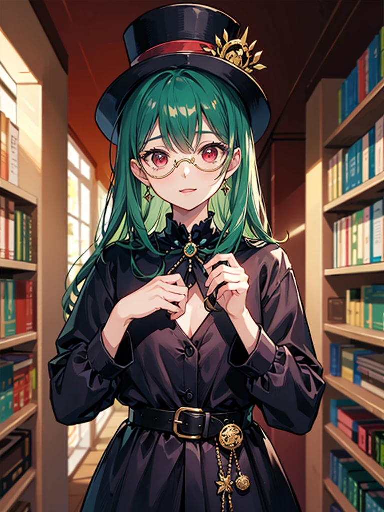 (((masterpiece、Highest image quality、highest quality、highly detailed unity 8kwallpaper)))、((Illustration of one girl、upper body))、(((beautiful girl)))、(librarian)、(Emerald green hair、messy hair、sidelocks:1.2、red eyes、crazy smile)、(((flat chest)))、(((monocle)))、pocket watch、(((Black top hat、Black tuxedo、belt)))、great medieval library、Large amount of books