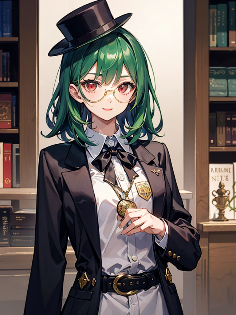 （（（masterpiece、Highest image quality、highest quality、highly detailed unity 8ｋwallpaper）））、（（Illustration of one girl、upper body））、（（（beautiful girl）））、（librarian）、（Emerald green hair、messy hair、sidelocks：1.2、red eyes、crazy smile）、（（（flat chest）））、（（（monocle）））、pocket watch、（（（Black top hat、Black tuxedo、belt）））、great medieval library、Large amount of books