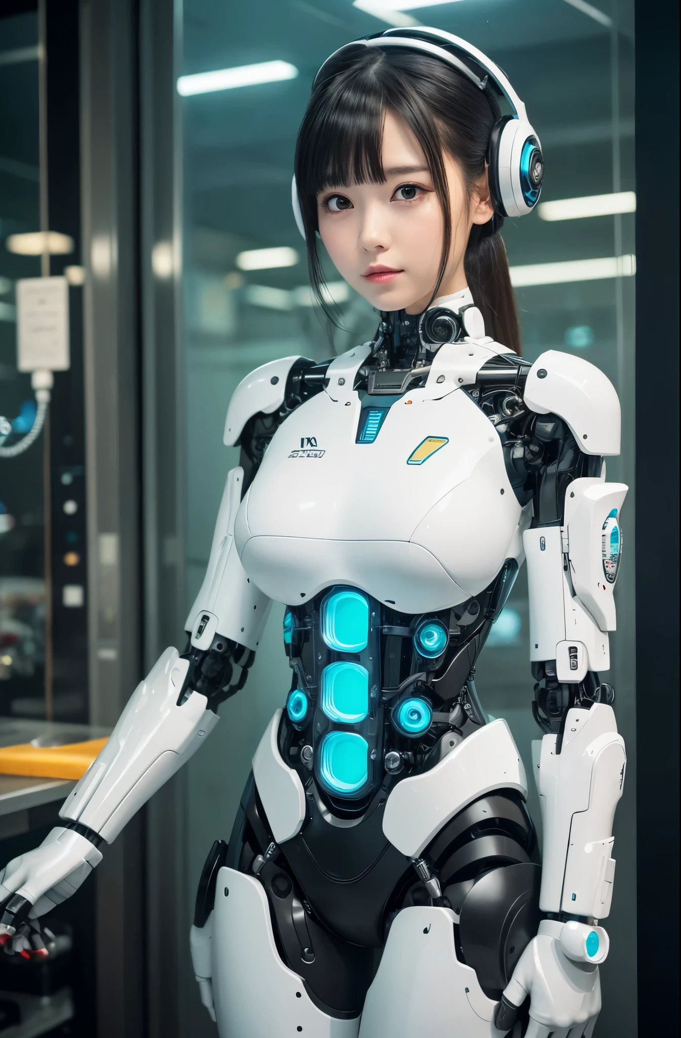 masutepiece, Best Quality, Extremely detailed,  (8K, 4K, Best Quality, hight resolution, 超A high resolution:1.1), 8K portrait,1girl in, Japaese android gid,Plump , announcer,control panels,android,Droid,Mechanical Hand, ,Robot arms and legs, Black hair,Mechanical body,Blunt bangs,White Robotics Parts,perfect robot woman,Charging spot,Long Tube,A thick cable was connected to her neck,ceramic body ,Mechanical body, mechanical ear covers,android,robot humanoid,a bit chubby,panty,full eyes,perfect mechanical body,white robotics body,future laboratory,android factory,mechanical ear cover,white and aqua uniform,costume with aqua accents,