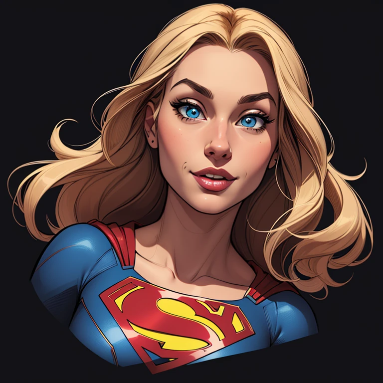 (cartoon style:1.2), Drawings of ([Supergirl]), portrait, perfect eyes, detailed face, black background, fun posing, flirty look, Centered, scale to fit the dimensions