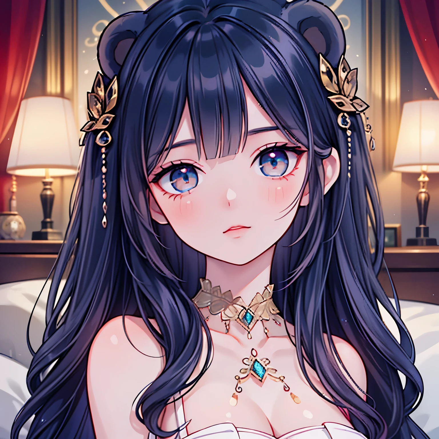 (Ultra-Detailed:1.2), (8K, Best Quality), (Face Close-Up), (Masterpiece:1.2), (Illustration:1.2), (Shiny Skin), (Cinematic Lighting), (1Girl), (Glowing Eyes), (Glamorous Hairstyle), Pinterest Trends, DeviantArt Trends, (Delicate Detailed), (Intricate Details), (Octane Render), (Glowing Accessories), (Detailed Glowing Room With Lots Of Teddy Bears:1.2), (Dark Blue Glamorous Look), (Sitting On A Bed:1.2), (Holding A Teddy Bear:1.2), (Pastel Colors)