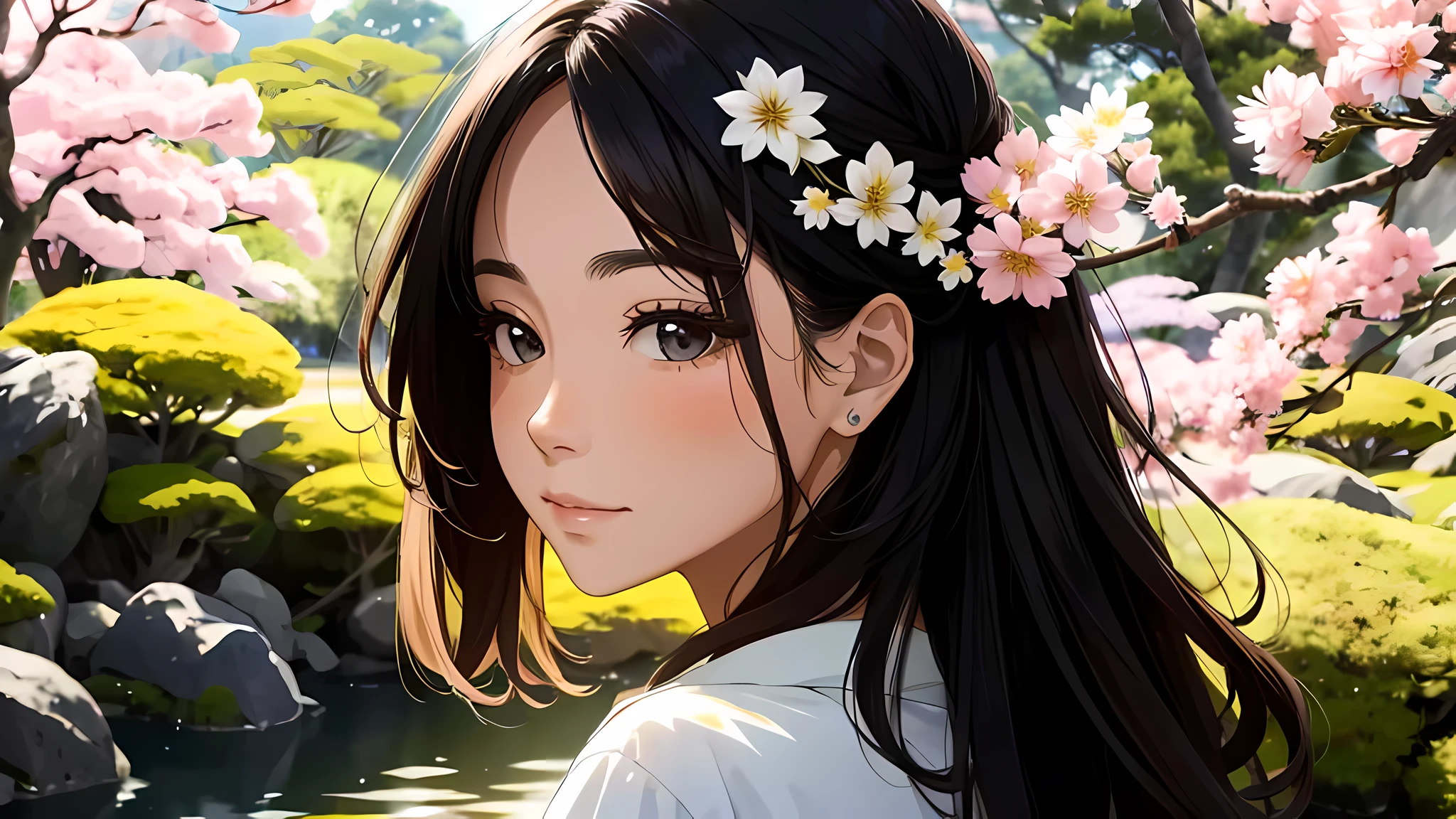 uma garota explorando sozinha os Jardins de Kyoto, in Japan, durante a primavera. Seu rosto detalhado reflete a serenidade do lugar. cerejeiras em flor. Her makeup is light, highlighting her peaceful expression as she takes in the beauty of the place., acima da cintura, alta qualidade, high resolution, aprimoramento de detalhes, 8k, High definition, melhor qualidade, alta qualidade, high resolution, aprimoramento de detalhes, 8k, High definitionR, sharp focus, ultra detalhado, perfect lighting.