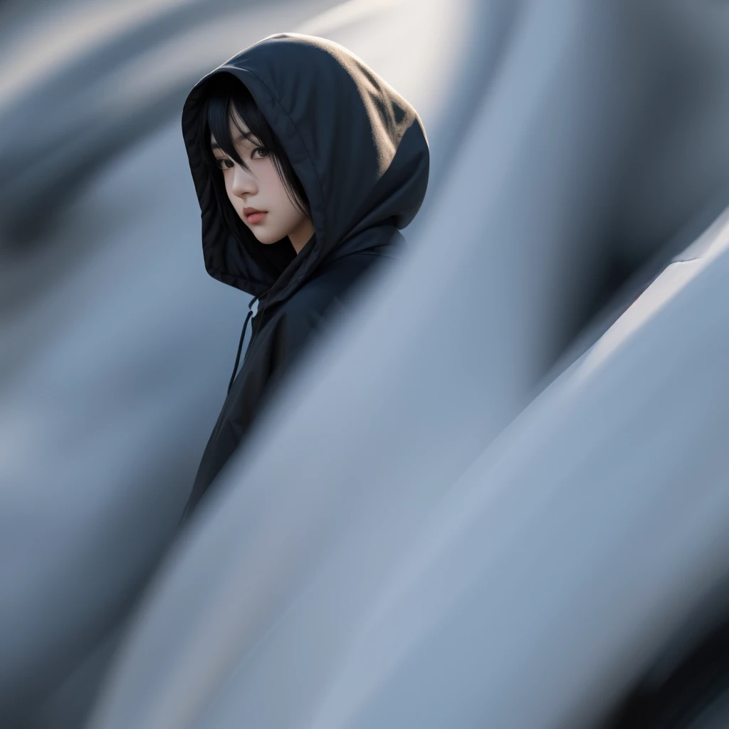 black hair, hood, covering, anime, Impressionism, Abstractionism, anime style, motion blur, chiaroscuro, vignetting, UHD, masterpiece, best quality, highres, 16k, high details