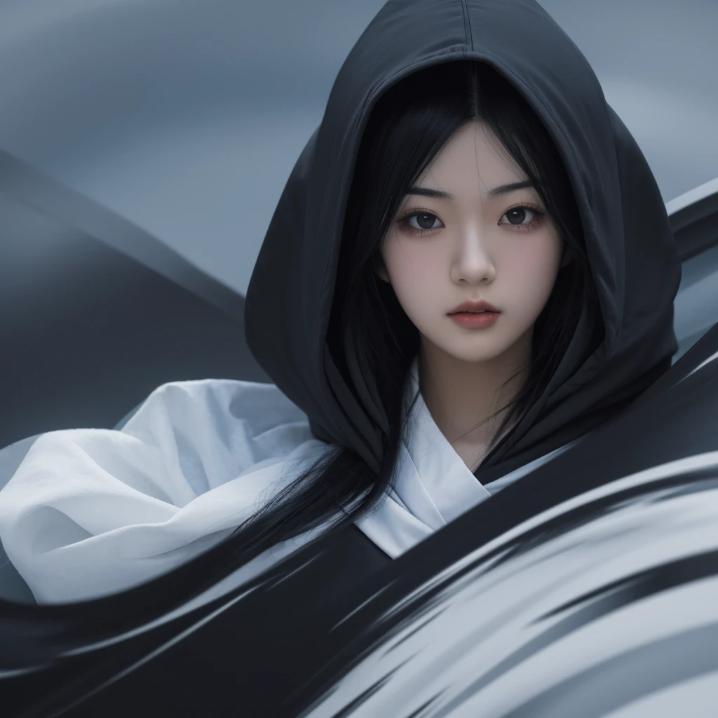 black hair, hood, covering, anime, Impressionism, Abstractionism, anime style, motion blur, chiaroscuro, vignetting, UHD, masterpiece, best quality, highres, 16k, high details
