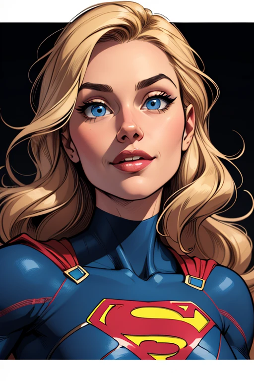 (cartoon style:1.2), Drawings of ([Supergirl]), portrait, perfect eyes, detailed face, black background, fun posing, flirty look, Centered, scale to fit the dimensions