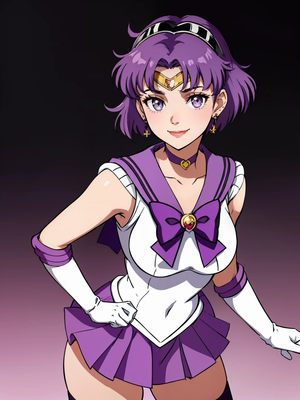 warBernie, hair bow, short hair ,grey eyes, purple hair, sailor moon outfit, purple skirt, elbow gloves, tiara, purple sailor collar, red bow, purple choker, white gloves, jewelry, smile