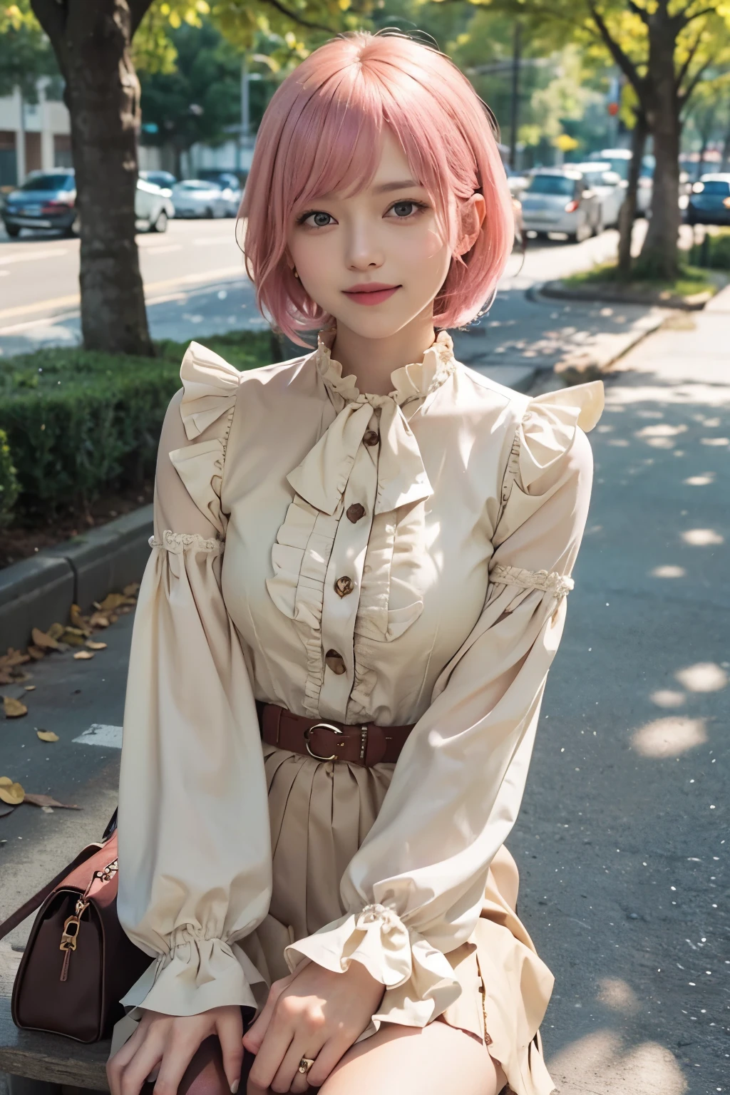 8K, top-quality, masterpiece:1,2), (reallistic, Photorealsitic:1.37), Super Detail, One girl,), (Highly detailed), (beautifully detailed eyes), (of the highest quality), (super detailed ), (masterpiece), (Detailed face),20yr old, ,1 girl, ((pink hair,Very short hair)), medium breasts, clothed, Perfect Lighting,  wearing cream-colored long sleeve blouse with ruffles on chest, brown vest with buttons, black long skirt, black pantyhose, black leather shoes, BREAK bangs on left side, right ear visible, hair blowing in wind, smiling, eyes looking at camera, no teeth showing, right hand holding red bag, left hand hanging naturally, right leg forward, left leg backward, body slightly tilted to right, upper body to knee visible, face front, park with trees and bench in background, leaves in red and yellow colors, road paved, no people or cars in background, soft evening light, light from top left, subject illuminated by light, shadow on bottom right