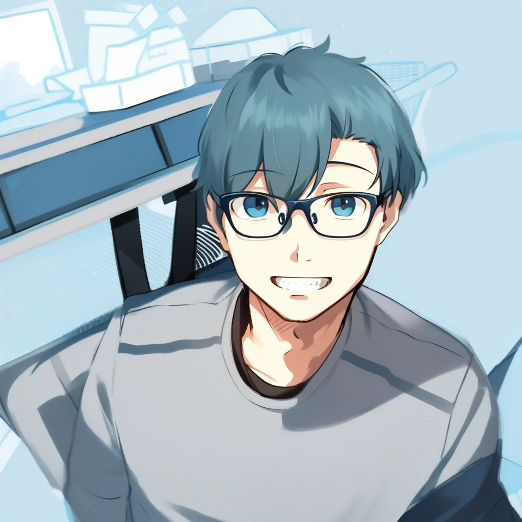 An illustration of a cute male character in his 40s to 50s, styled in a flat design. The character has a fair complexion and a charming, youthful appearance, with a friendly smile and warm eyes directed towards the upper left. Modify only the shape of the navy blue-rimmed glasses, keeping them stylish and adding to his intellectual charm. His outfit is casual and modern, perfect for his age. The flat design style emphasizes his likable and approachable personality with its simplicity and clean lines.