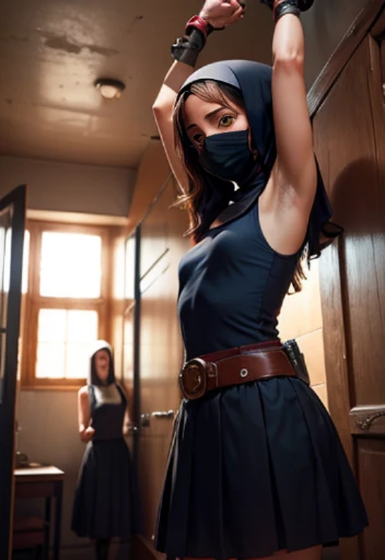Inside small room, total of 3 women, age convent girl, wrist with belt wrapped around, belt hanging from ceiling, convent girl raises arms, sleeveless, armpits, woman with mask standing next to her