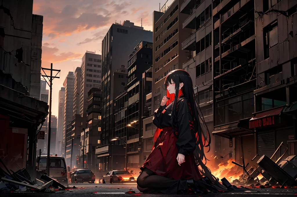 (urban apocalyptic scenario)
(Blood Red Sky)、heaps of corpses、lots of debris、Collapsed city、1 girl、black parker、Black skirt、black hair、long hair、