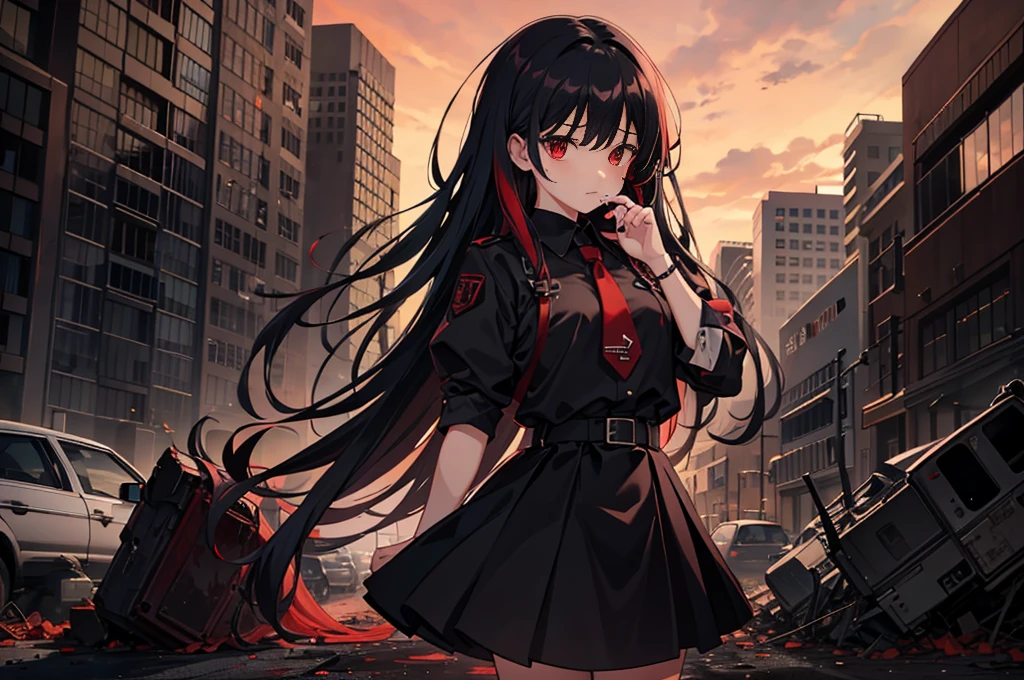 （urban apocalyptic scenario）
（Blood Red Sky)、heaps of corpses、lots of debris、Collapsed city、1 girl、black parker、Black skirt、black hair、long hair、
