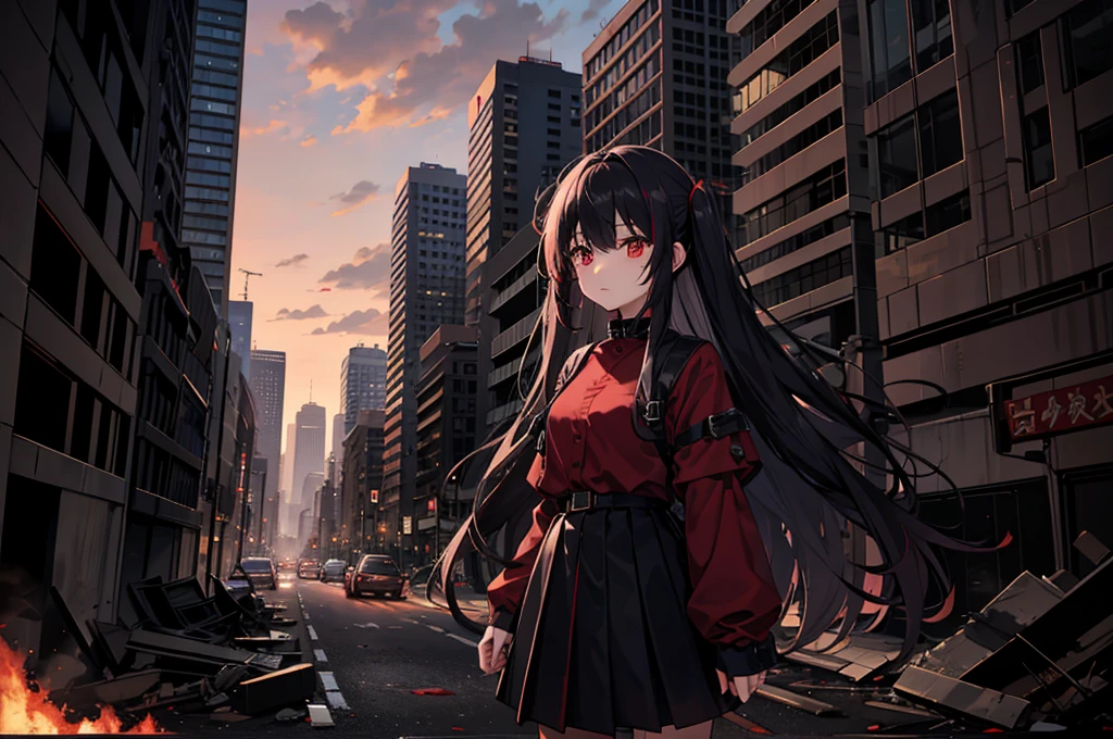 （urban apocalyptic scenario）
（Blood Red Sky)、heaps of corpses、lots of debris、Collapsed city、1 girl、black parker、Black skirt、black hair、long hair、