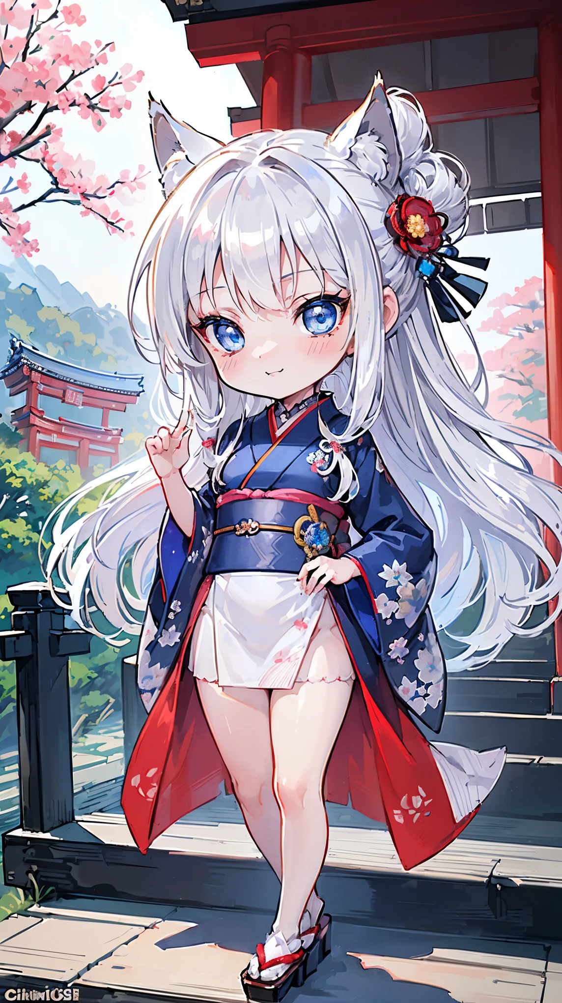 (((Masterpiece))), (((Highest quality))), ((Ultra-detailed)), ((Super fine illustration)), ((Ultra-fine painting)), (16K highest quality wallpaper:1.4), (Chibi:2.0), (Full body:1.6), HDR, (Highly detailed and delicate illustration style:1.8), Detailed skin texture, Detailed cloth texture, Extreme detailed description, (T-masterpiece), (Highly detailed face:1.2), (Highly detailed silver fox ears:1.2), (Highly detailed shiny hair half updo:1.2), (Highly detailed beautiful eyes:1.2), (Highly detailed silver nine tails:1.2), Original, RAW photo, Professional, Intricate details, Super details, Direct light:1.6, (Perfect anatomy:1.4), (Highly detailed hands:1.2), (Highly detailed fingers:1.2), (Highly detailed fingertips:1.2), (16-years-old), Real, (Solo:1.6), (An extremely beautiful and cute silver fox girl with blue eyes who is an idol and wears a bright red long-sleeved kimono with a floral pattern:1.4) BRAKE (Beautiful and adorable silver fox ears:1.4), (Highly detailed and delicate silver fox ears:1.6), (Beautiful and well-shaped big breasts), (Beautiful and well-shaped buttocks), (Beautiful and shiny glossy silver hair half updo:1.4), (Highly detailed and delicate silver hair half updo:1.4), (Beautiful clear and highly detailed blue eyes:1.6), (Highly detailed face:1.4), (Smile:1.3), (Blush:1.2), (Looking at viewer:1.4), (Celebration:1.3), (Standing:1.4), Very detailed, beautiful and perfect hands:1.4, Very detailed, beautiful and perfect fingers:1.4, Very detailed, beautiful and perfect fingertips:1.4 BRAKE (Bright red:1.2 long-sleeved kimono with floral pattern:1.4), (Japanese traditional costume:1.2) BRAKE (Highly detailed and beautiful Ise Grand Shrine in Mie Prefecture just after noon in the background:1.6), (Standing in front of the torii gate:1.4), (Celebration:1.3), Ise Grand Shrine:1.2, Torii gate of Ise Shrine:1.2, Grounds of Ise Shrine:1.2, Highly beautiful in the sunny sky background just after noon:1.4 BRAKE