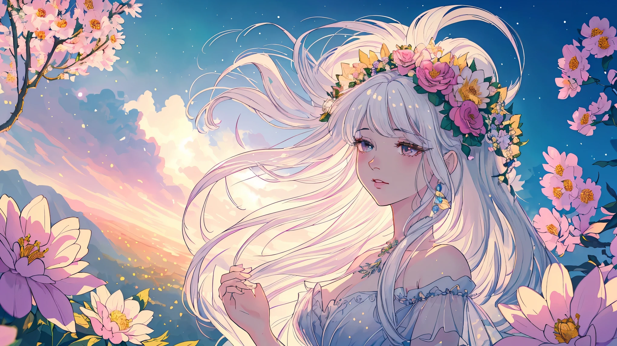 8K resolution，highest quality，Ultra-clear details，Queen:1.3，flower:0.8，dress，goth style，white hair，Epic composition，light and shadow:1.1，Fairy temperament，untidy，masterpiece，gentle，Flowy and free， 1.3，soft