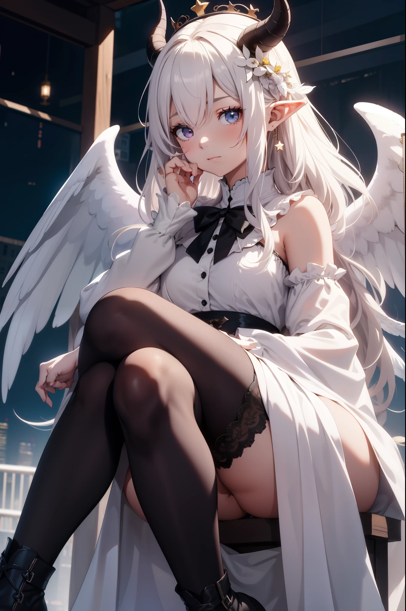 giant girl 50,000 feet high,Weight 1000kg,Has a pair of long legs,Open your eyes wide,Has three pairs of huge white angel wings,With huge devil horns on his head,crown on head,Elf wearing white earrings,She has long pink hair that reaches her feet,loose hair,Pink wavy long curly hair,Wearing a pair of black boots,White sleeves,Wearing white lace pantyhose,Pantyhose with bow and star decorations,白色蕾丝whole body,sitting on a tall building,Beautiful appearance,Exquisite makeup,quality,8k,高quality,Perfect proportion, Cinema lighting,film grain,Fuji colors,8k,textured skin,Super details,high detail,high resolution,charming,blood stains,脚底有blood stains,whole body,Obese,elf princess,feather,flowers