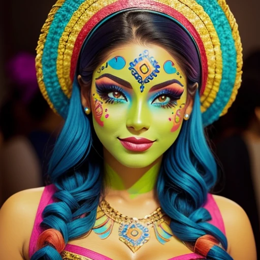 Cute Latina, wearing carnival makeup, colourful,face makeup, blue, yellow,green